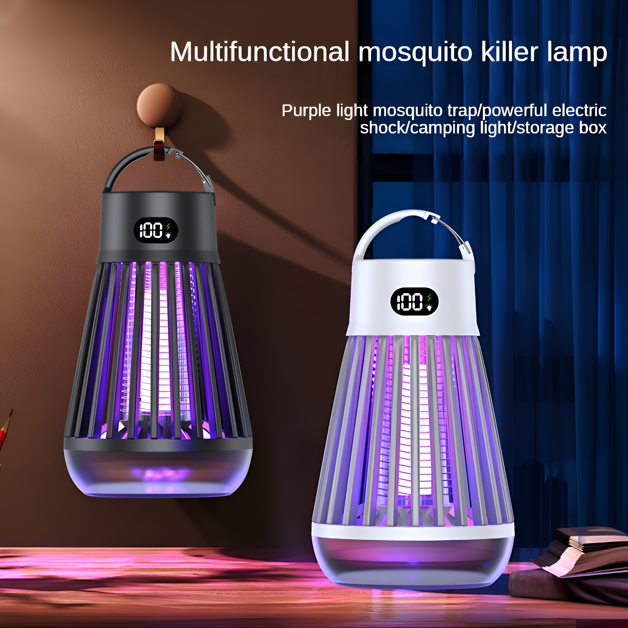 Zwei Mückenvernichter-Lampen, hängend, emittieren lila Licht.