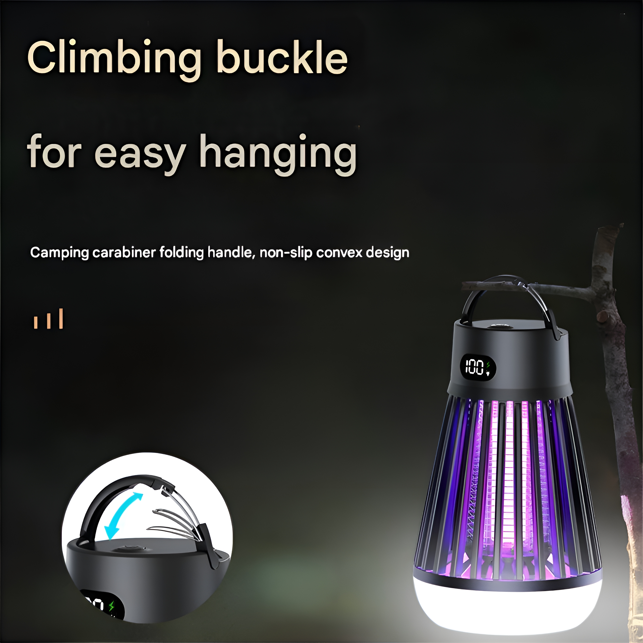 Schwarzer Insektenvernichter mit Griff. Die Worte 'Climbing buckle' und 'for easy hanging' sind sichtbar.