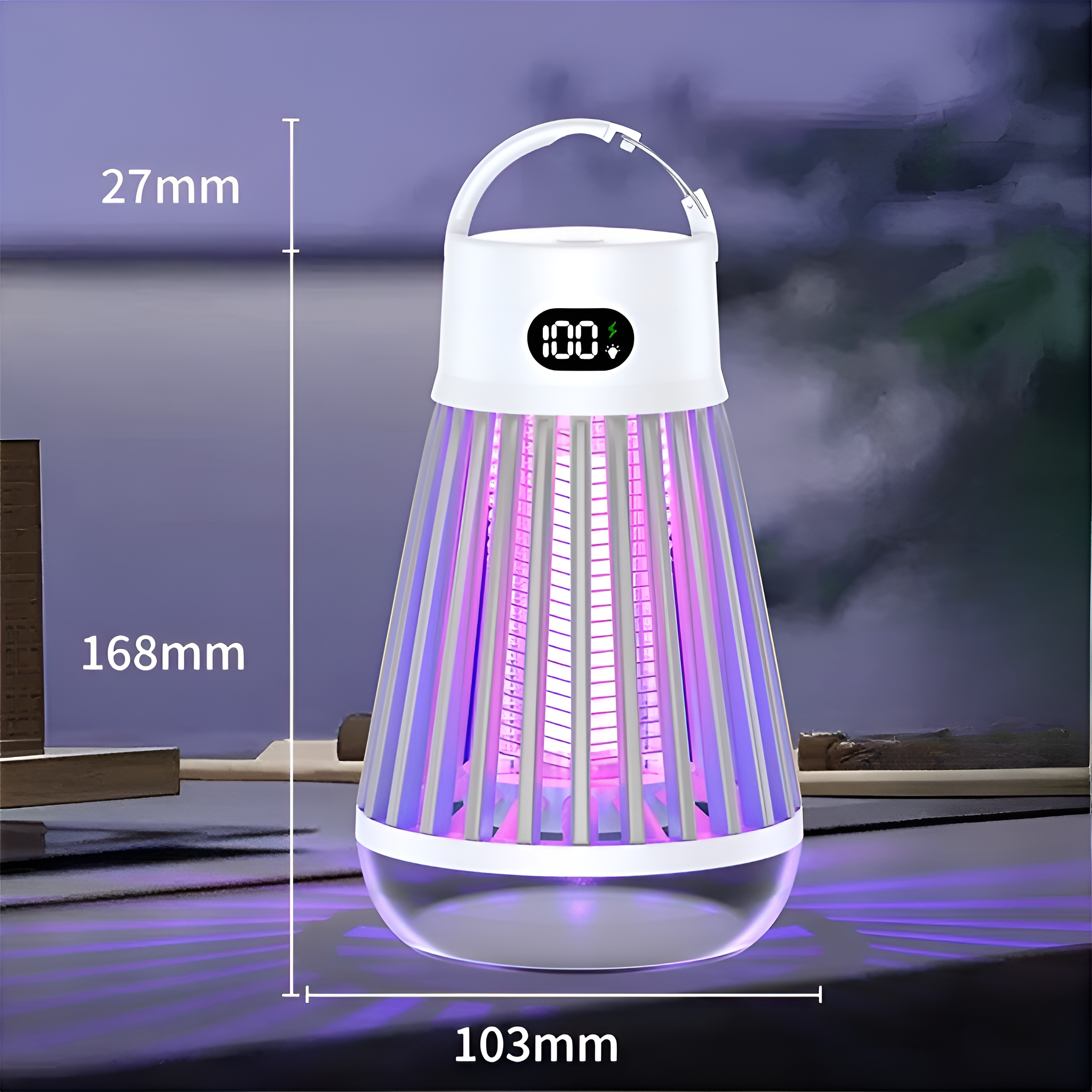 Weißer und grauer Insektenvernichter mit Abmessungen. Violettes Licht leuchtet darin.