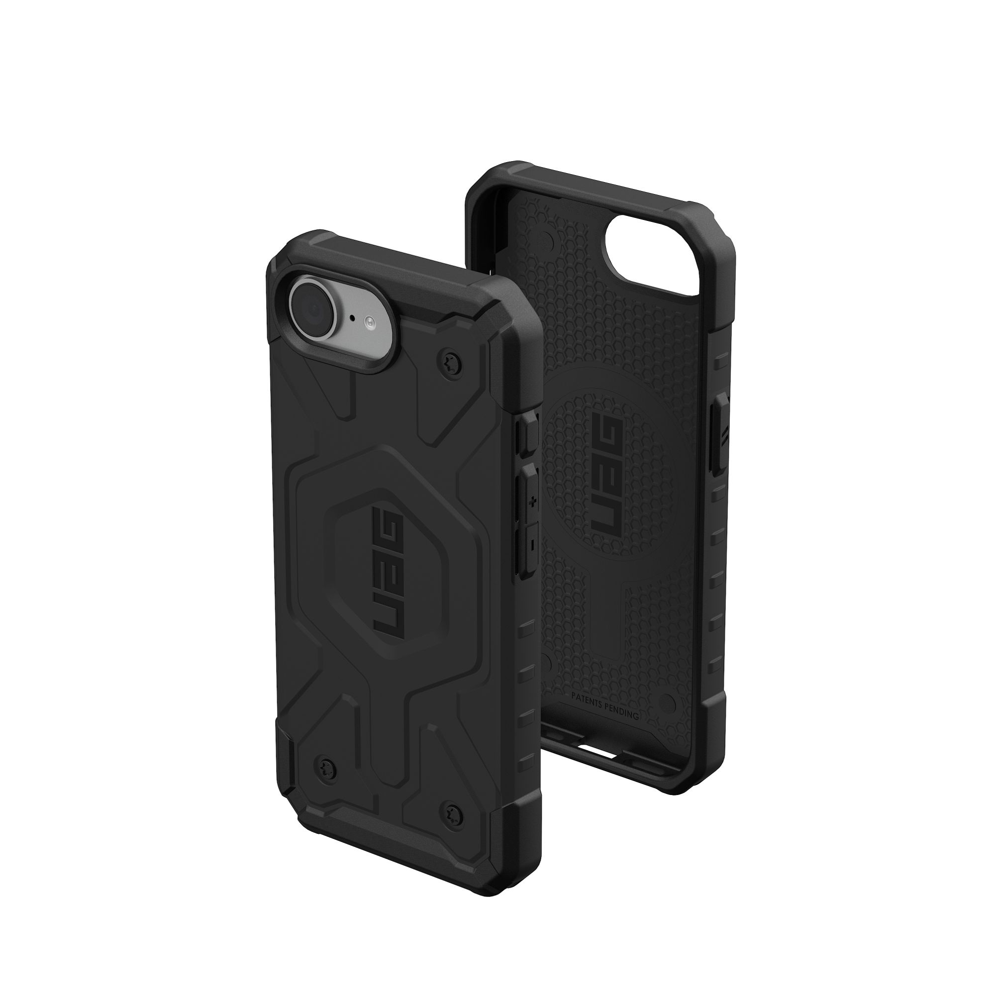 Zwei schwarze Handyhüllen, eine offen. UAG-Logo auf der Vorderseite.