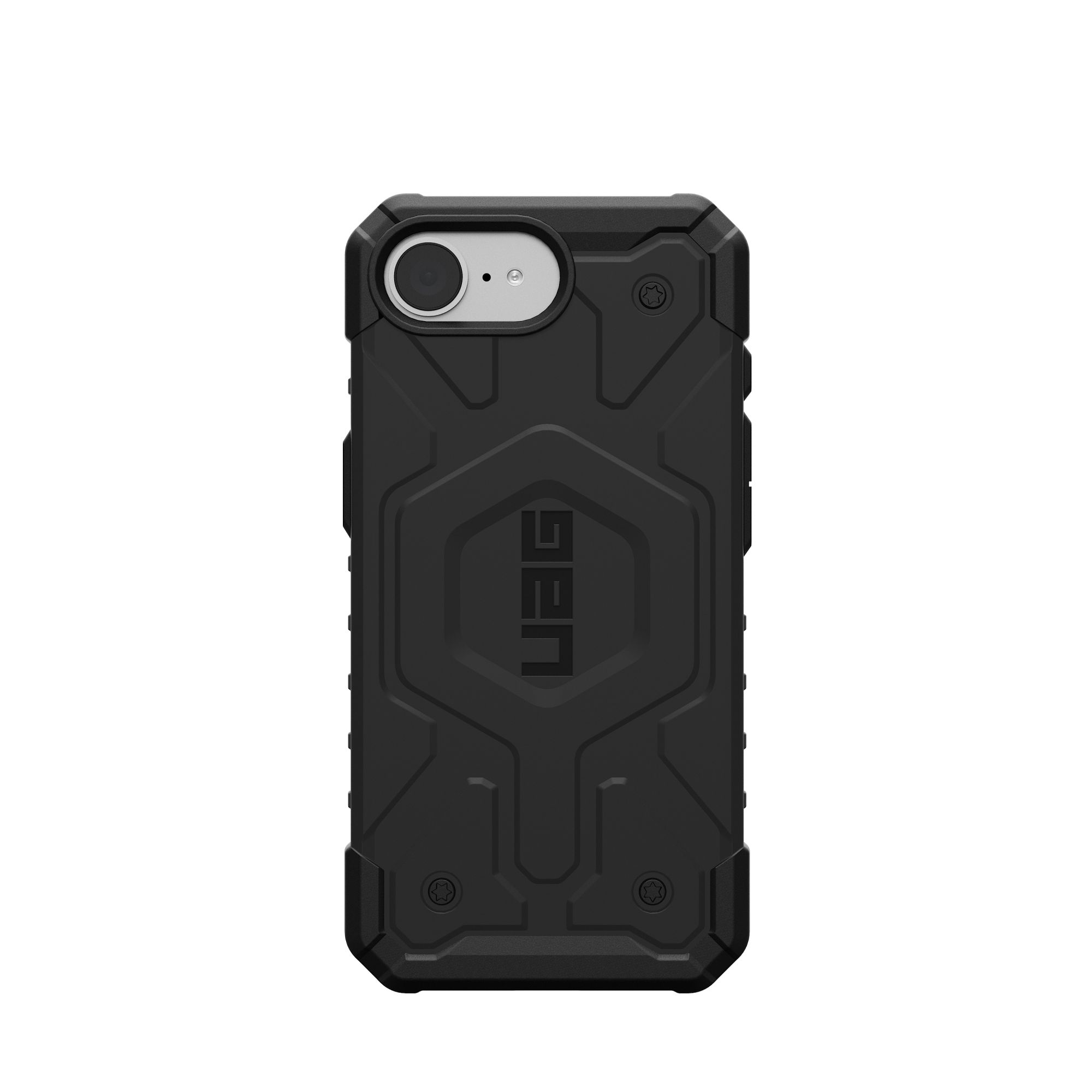 Eine schwarze Handyhülle mit dem UAG-Logo, vor weißem Hintergrund.