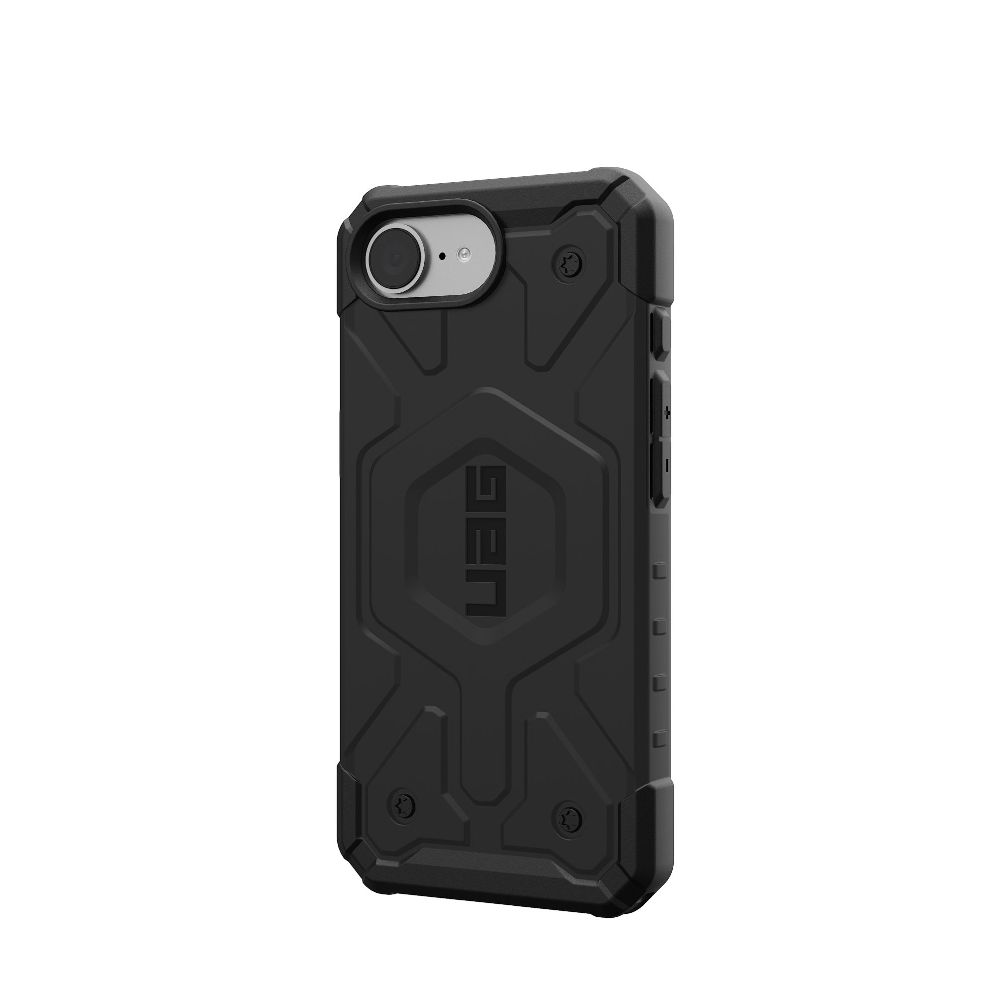Schwarze Handyhülle. Es hat ein UAG-Logo und ein robustes Design.