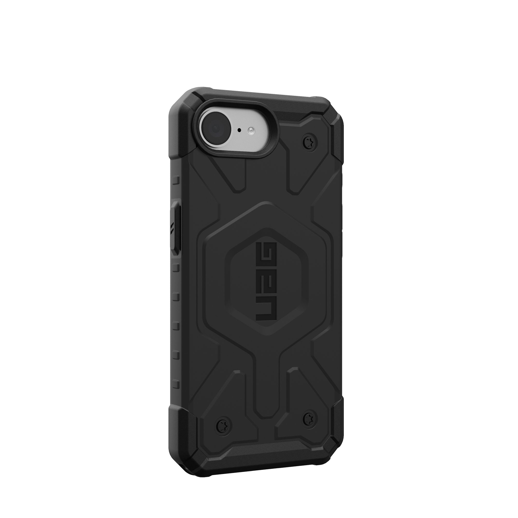 Eine schwarze Handyhülle mit robustem Design und dem UAG-Logo in der Mitte.