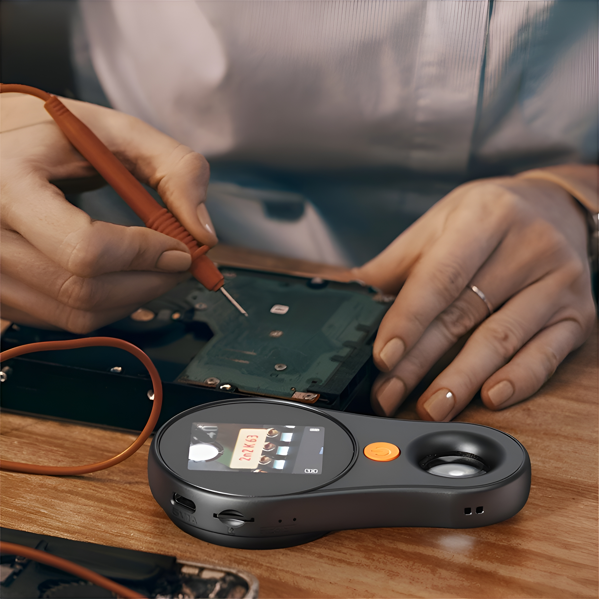 Eine Person benutzt ein schwarzes Diagnosewerkzeug auf einer Platine auf einem Holztisch.