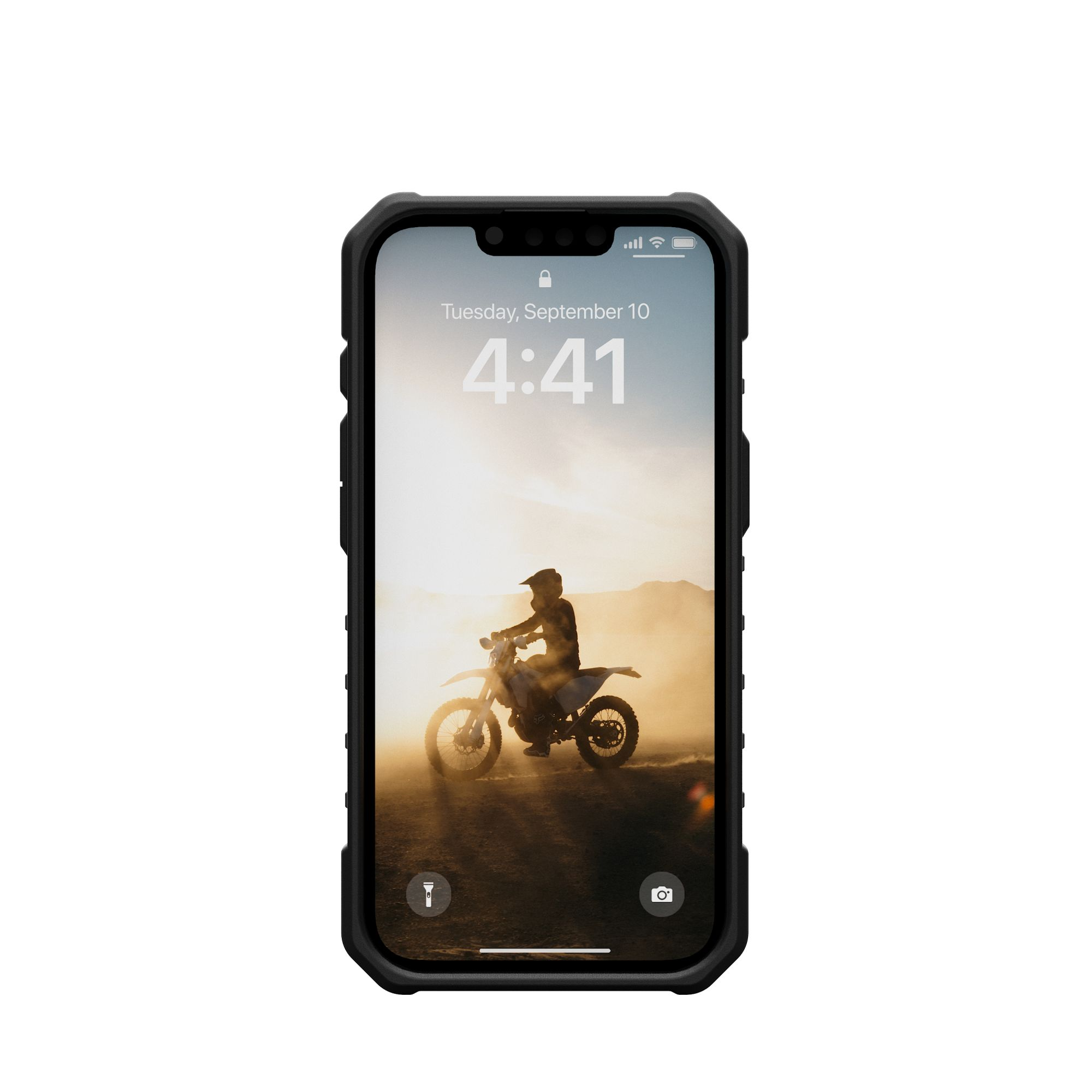 Ein Smartphone mit einem Dirtbike-Fahrer auf dem Bildschirm, in einer schwarzen, robusten Handyhülle.