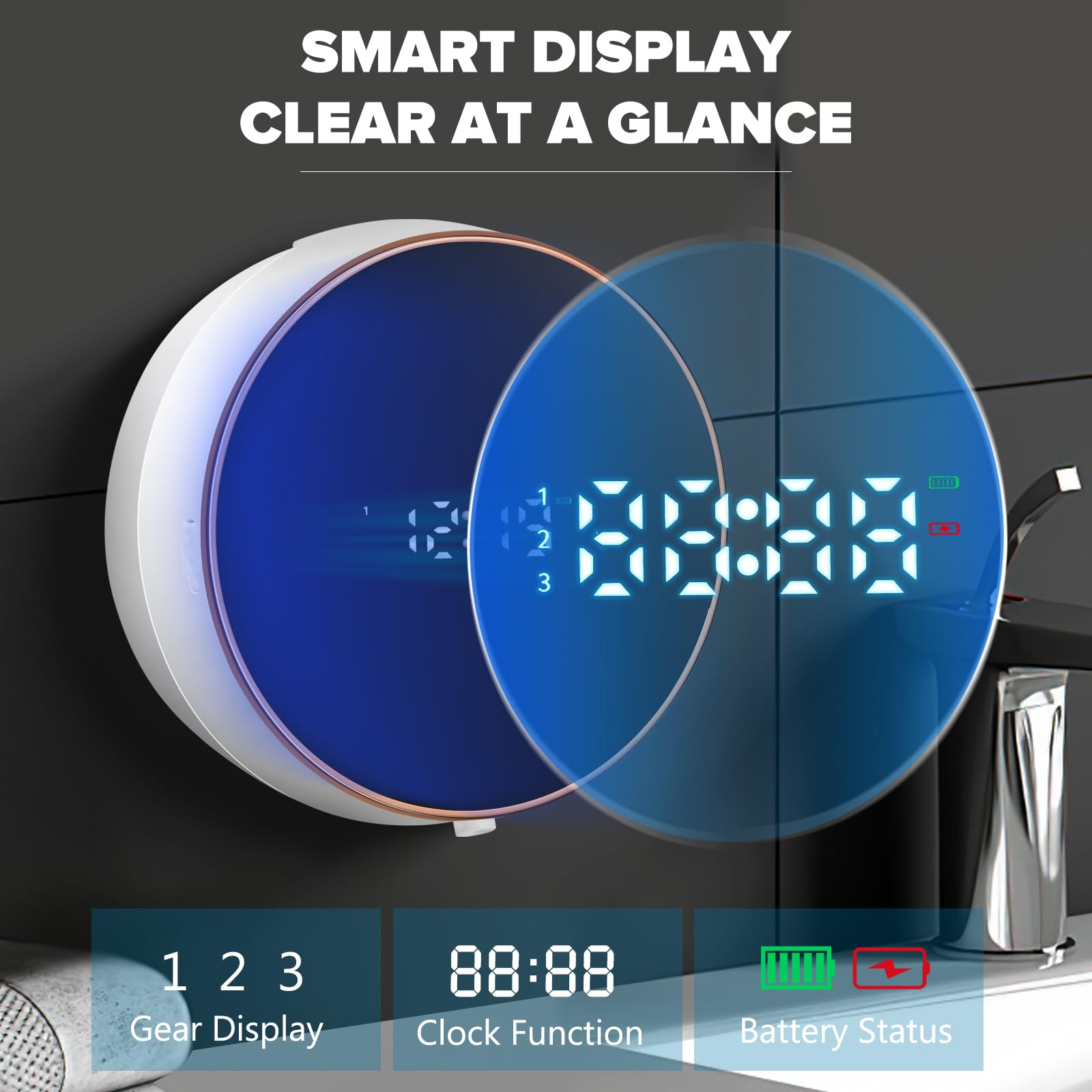 Nahaufnahme eines intelligenten Uhrendisplays. Zeigt Zeit, Ganganzeige und Batteriestatus.