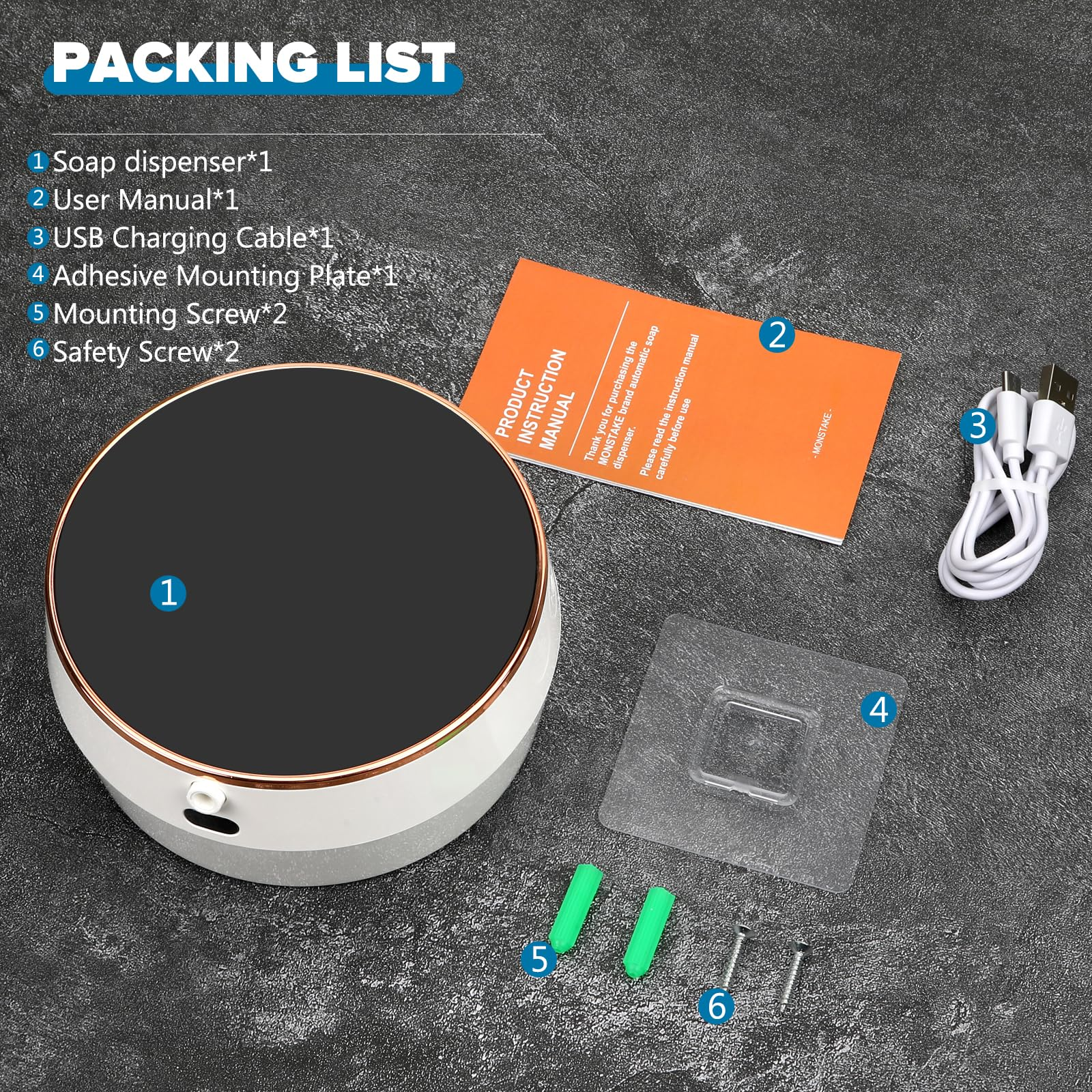 Packliste mit Seifenspender, Benutzerhandbuch, Ladekabel, Montageplatte, Schrauben.