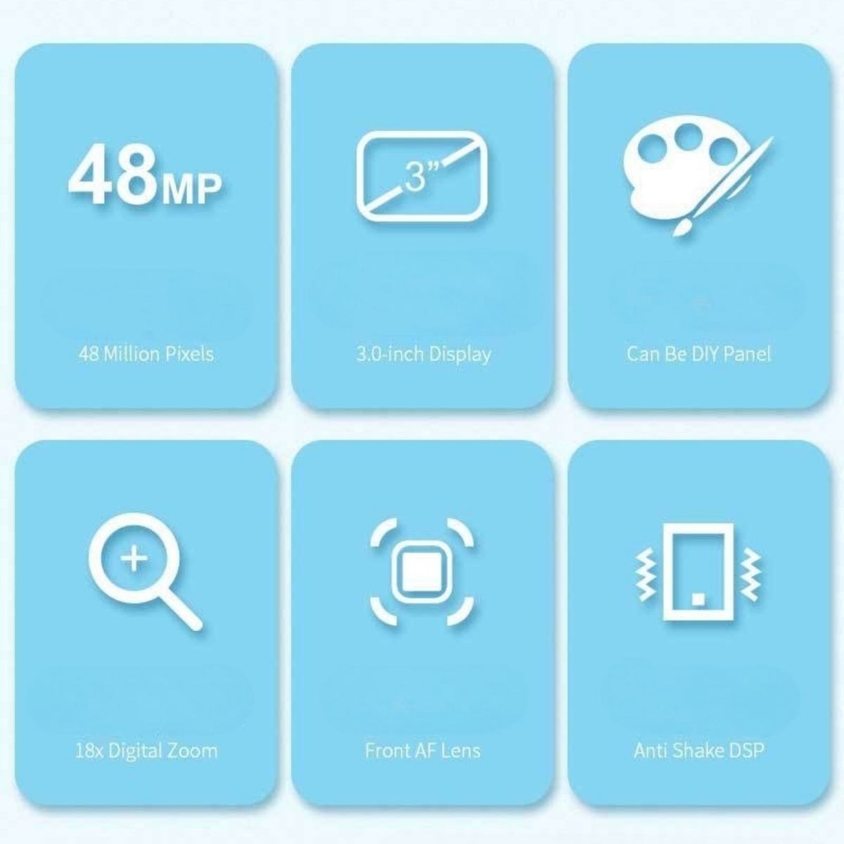 Blaues Interface mit Symbolen: 48MP, 3-Zoll-Display, DIY-Panel, 18x Zoom, Frontlinse, Anti-Shake DSP.