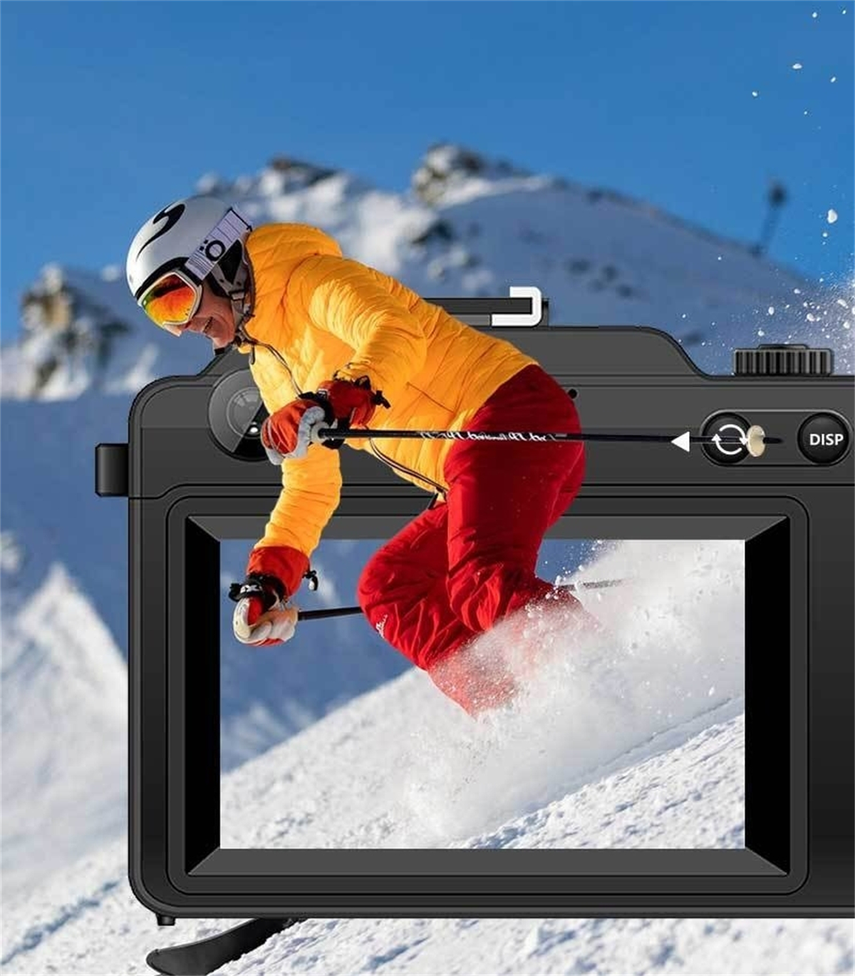 Skifahrer in gelber Jacke und roter Hose fährt einen schneebedeckten Hang hinunter, Kamerarahmen.