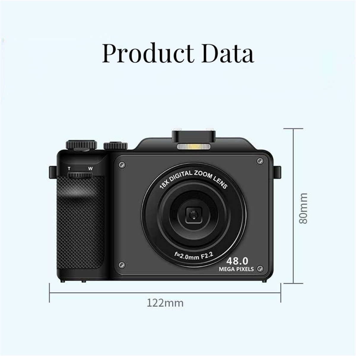Schwarze Digitalkamera mit Zoomobjektiv, 48MP, und Produktdaten im Hintergrund.