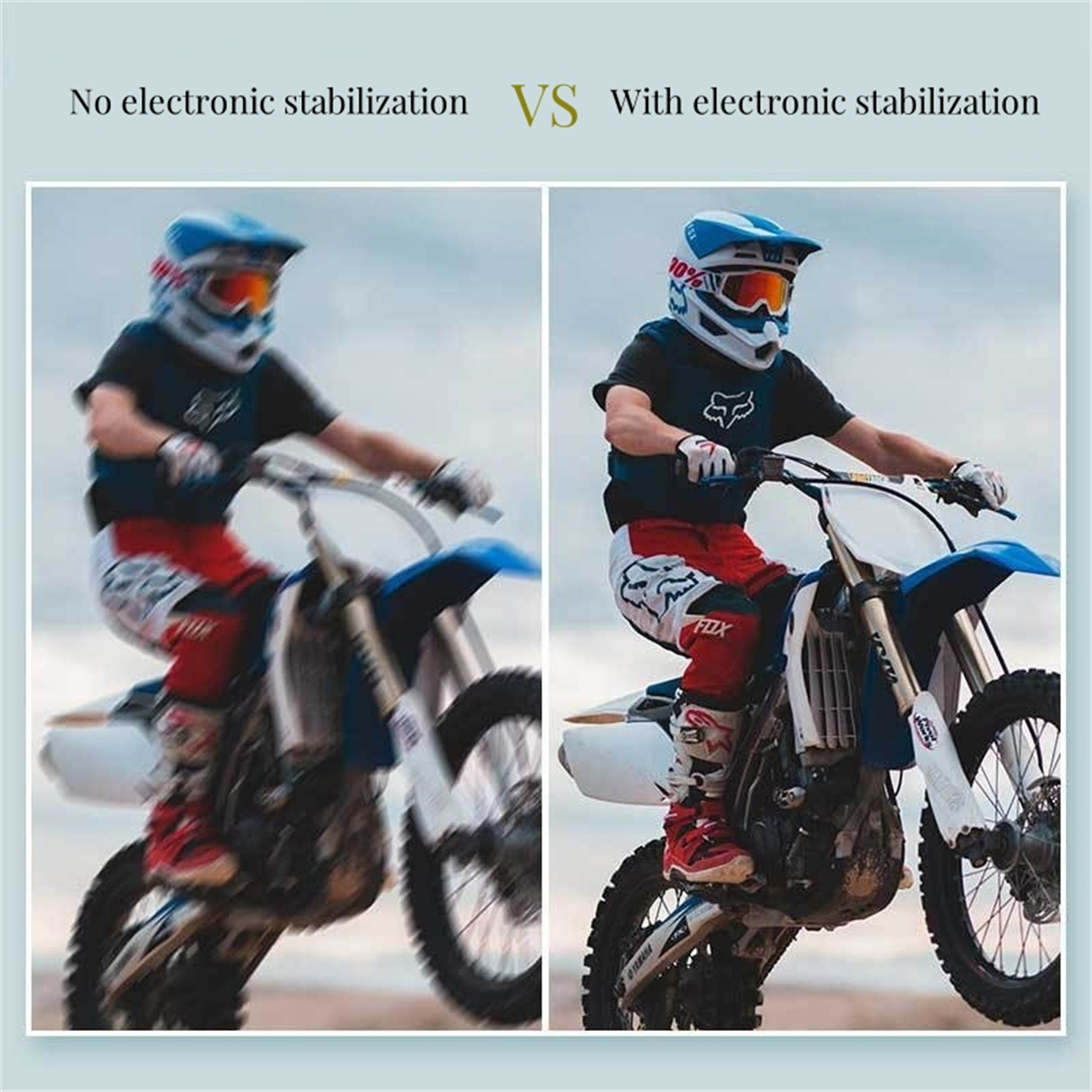 Vergleich von Motorradrennfahrern. Links zeigt Bewegungsunschärfe, rechts elektronische Stabilisierung.