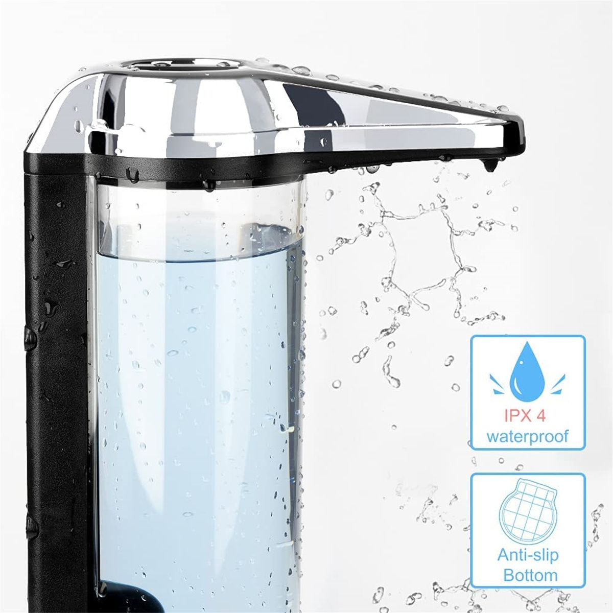 Ein automatischer Seifenspender mit Wasserspritzern. Merkmale sind wasserdicht und rutschfest.