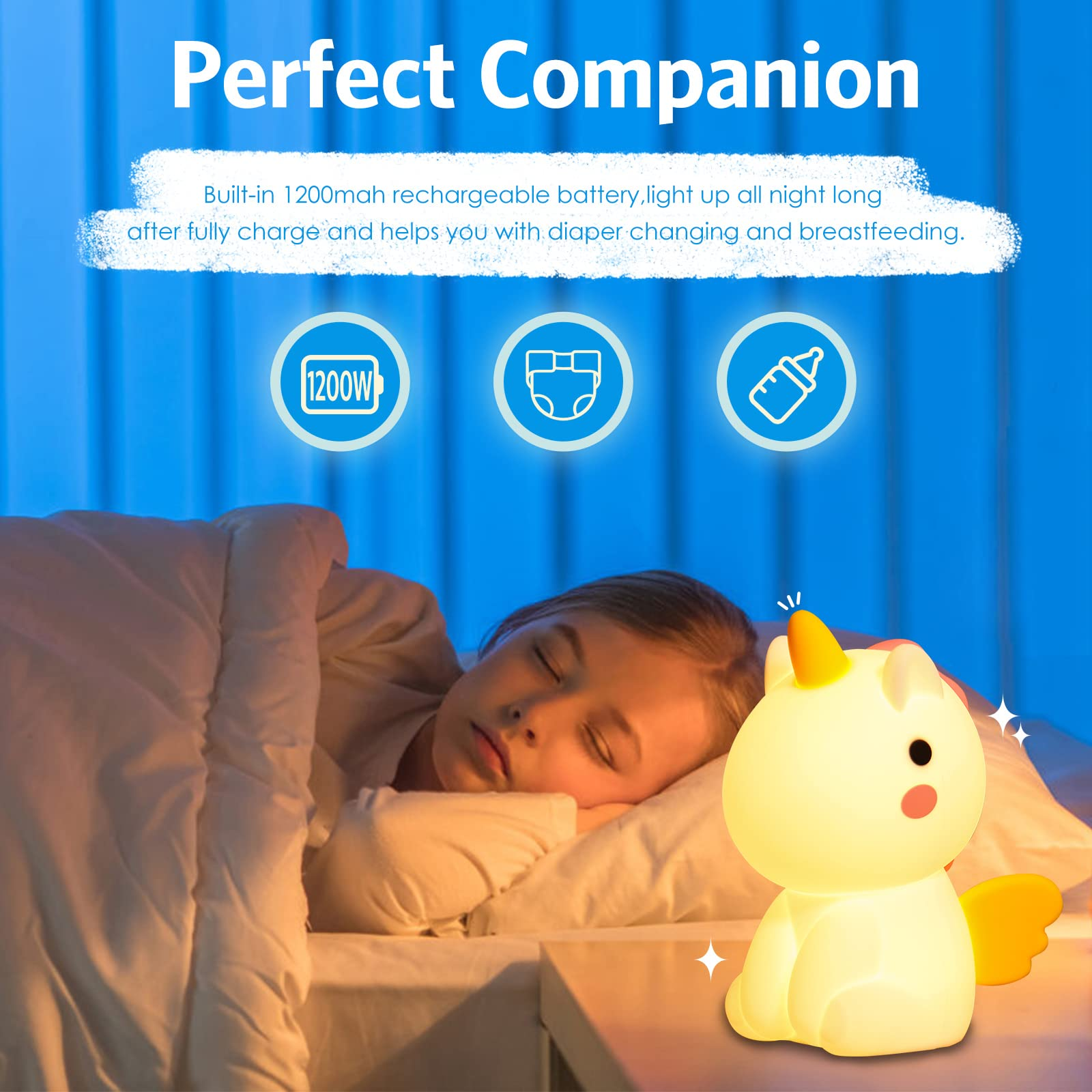 Ein schlafendes Kind im Bett mit einem Einhorn-Nachtlicht daneben. Text sagt 'Perfect Companion'.