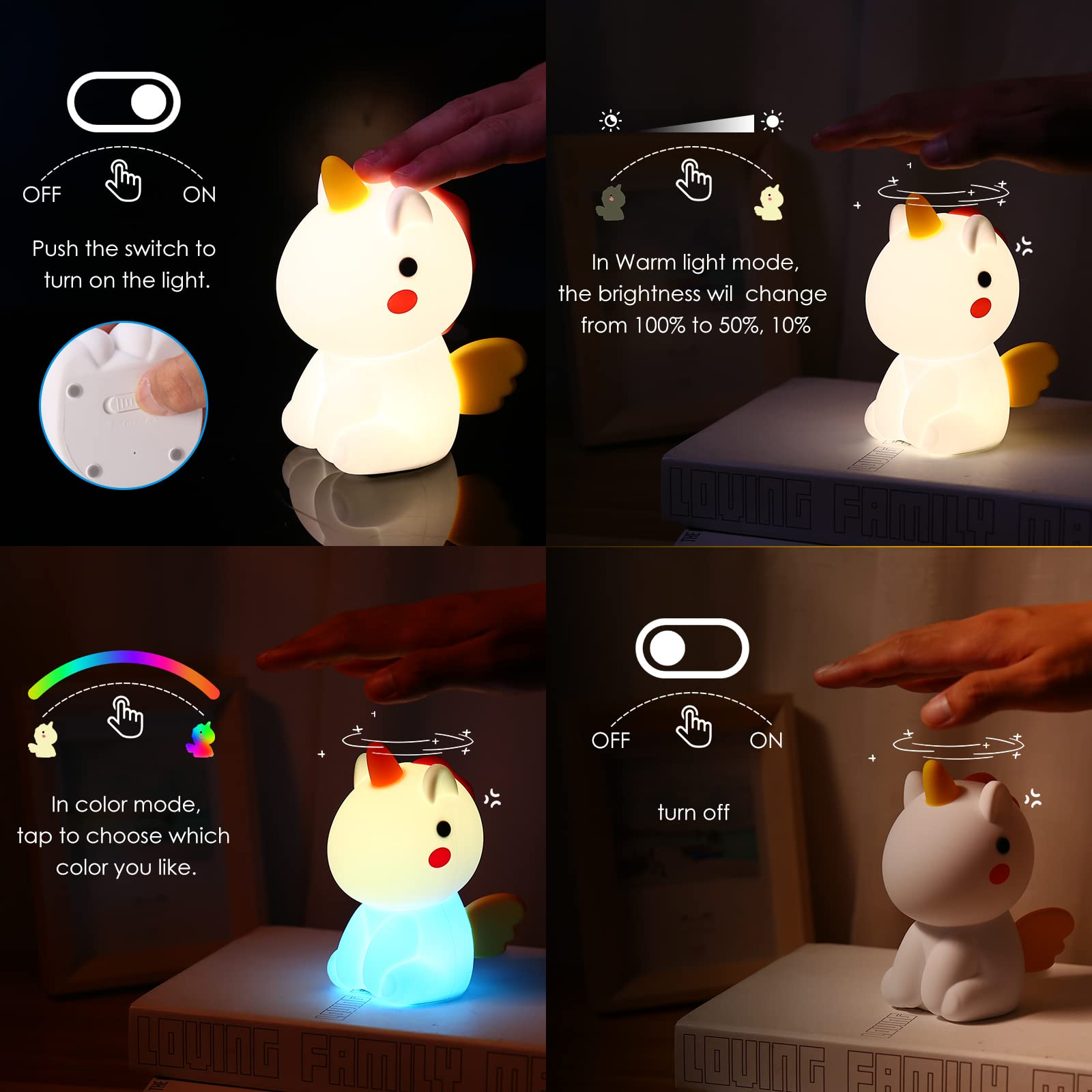 Einhorn-Lampe mit Farb- und Helligkeitsreglern. Schalter- und Touch-Aktivierung gezeigt.