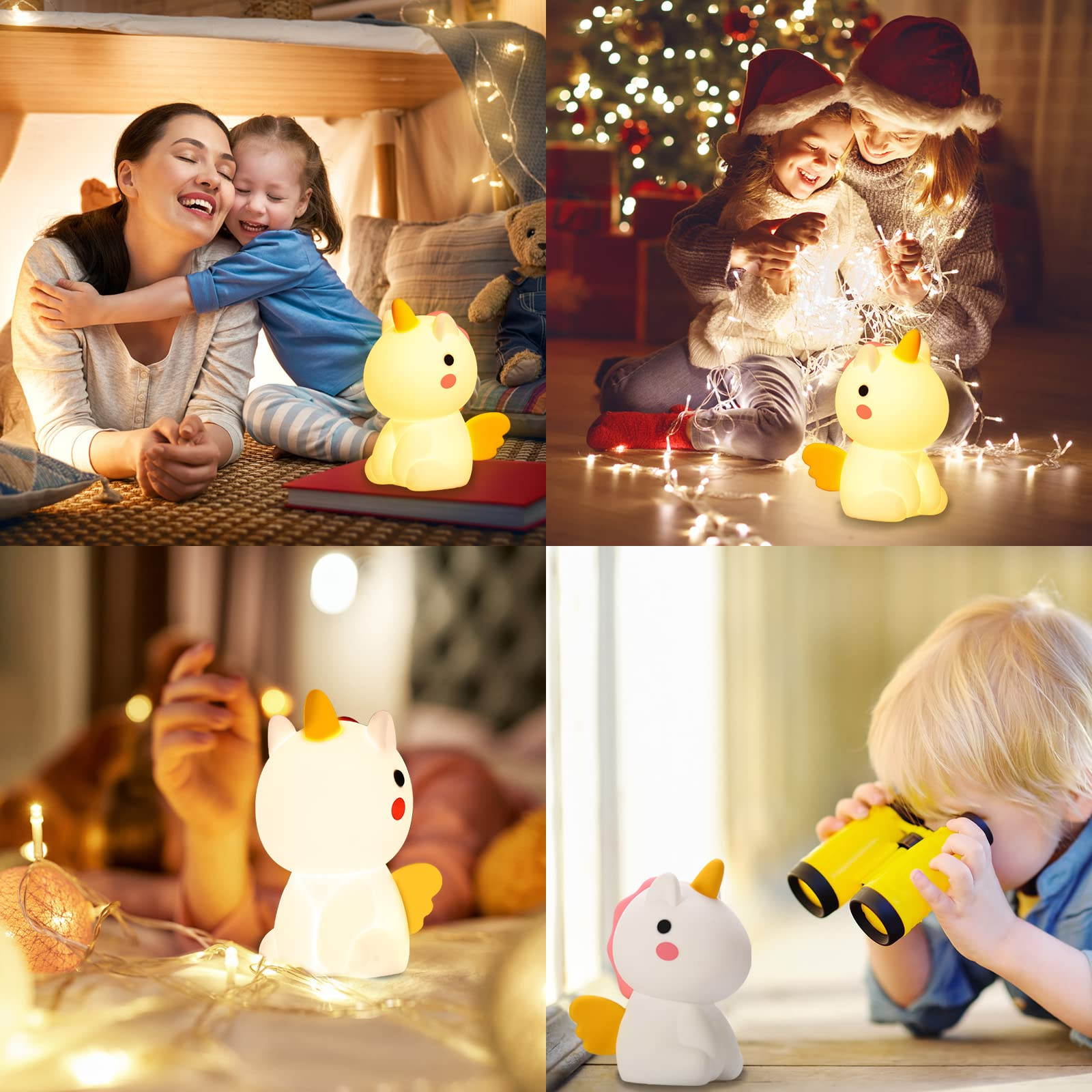 Vier Bilder zeigen Familien mit einer Einhorn-Lampe. Sie befinden sich in verschiedenen Umgebungen mit sanfter Beleuchtung.