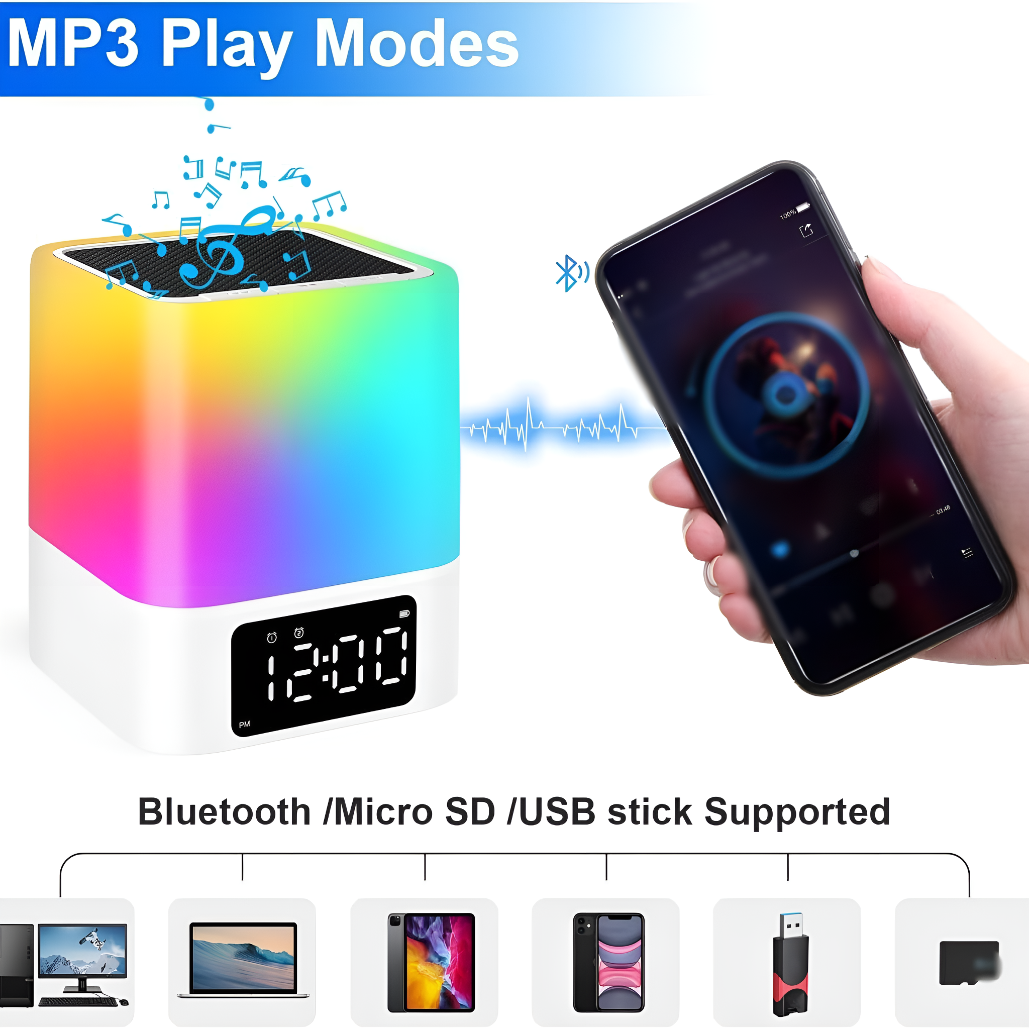 Ein farbenfroher Lautsprecher mit einem Telefon, das Musik abspielt.