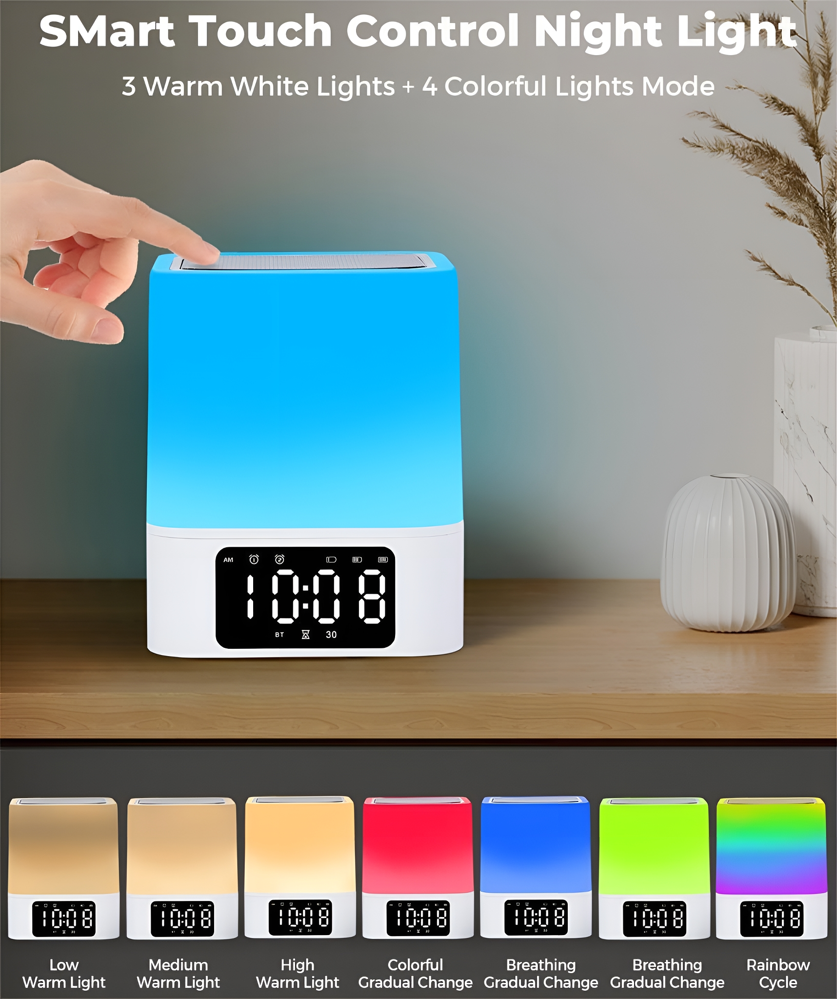 Ein weißes Nachtlicht mit Digitaluhr, das mehrere Farboptionen anzeigt.