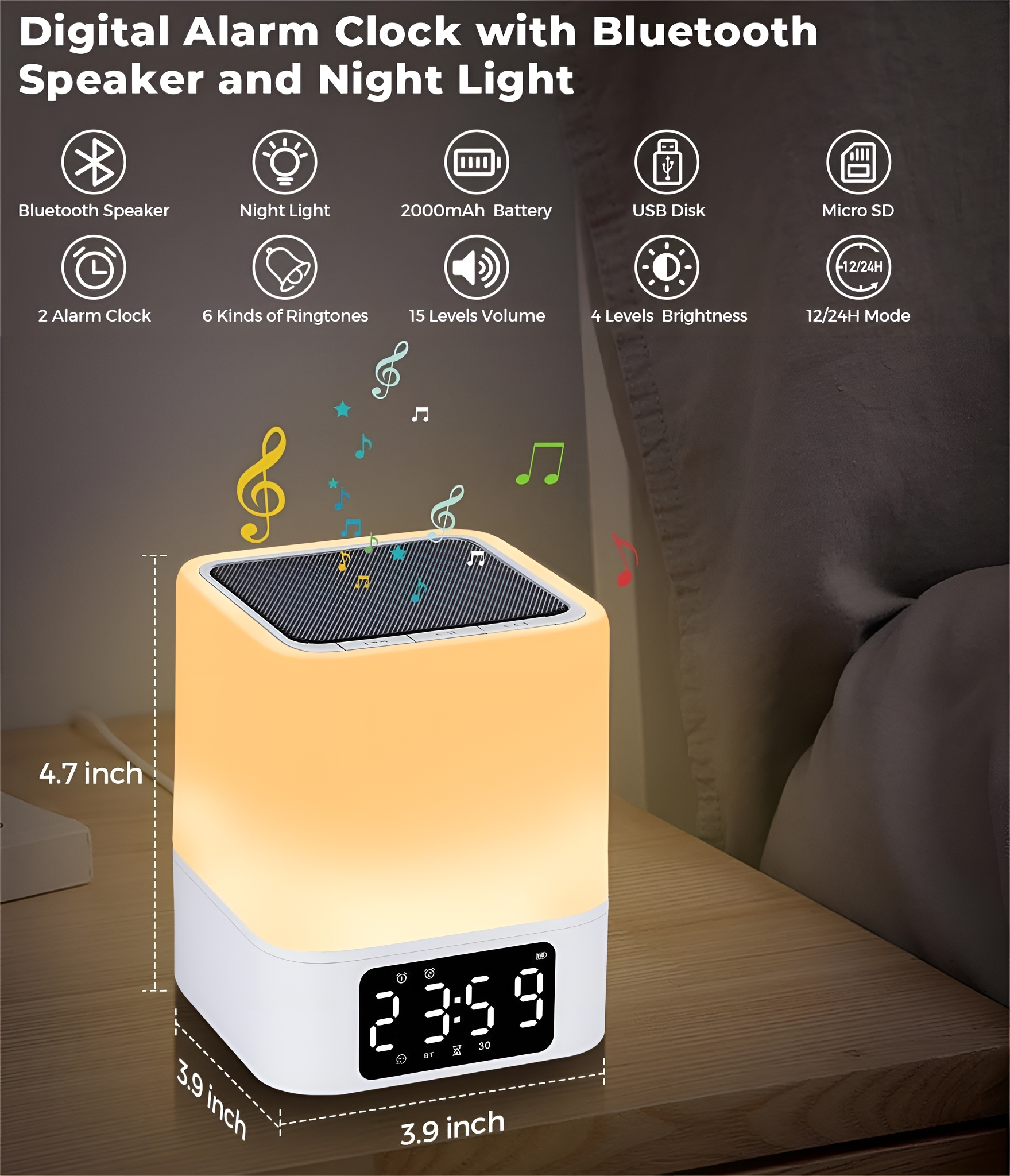 Digitaler Wecker mit Bluetooth-Lautsprecher und Nachtlicht, verschiedene Symbole gezeigt.