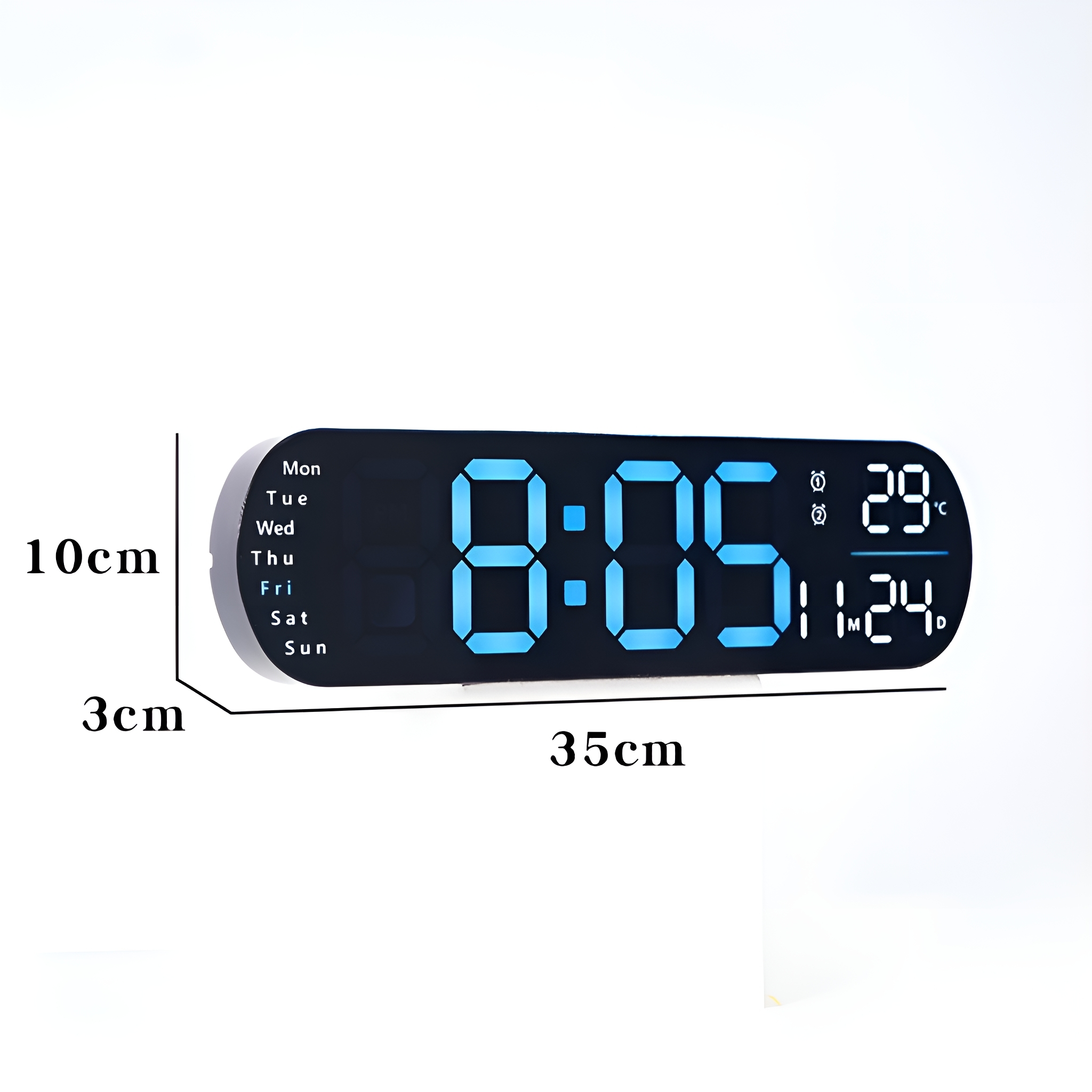 Digitaluhr mit Anzeige 8:05, 29°C, 11:24. Abmessungen: 35cm x 10cm x 3cm. Weißer Hintergrund.