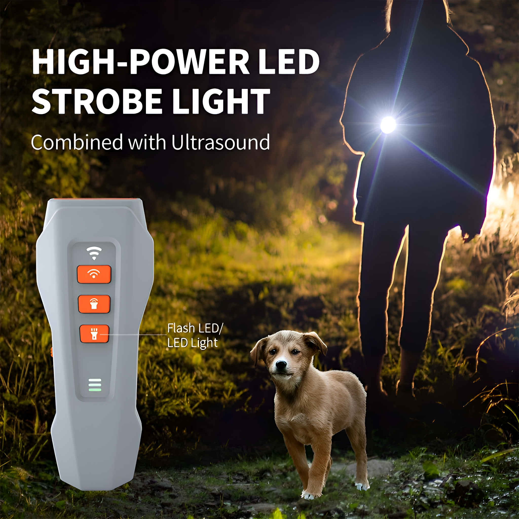 Hand-LED-Blitzlicht mit einer Person und einem Hund, die in einer dunklen Umgebung beleuchtet werden.