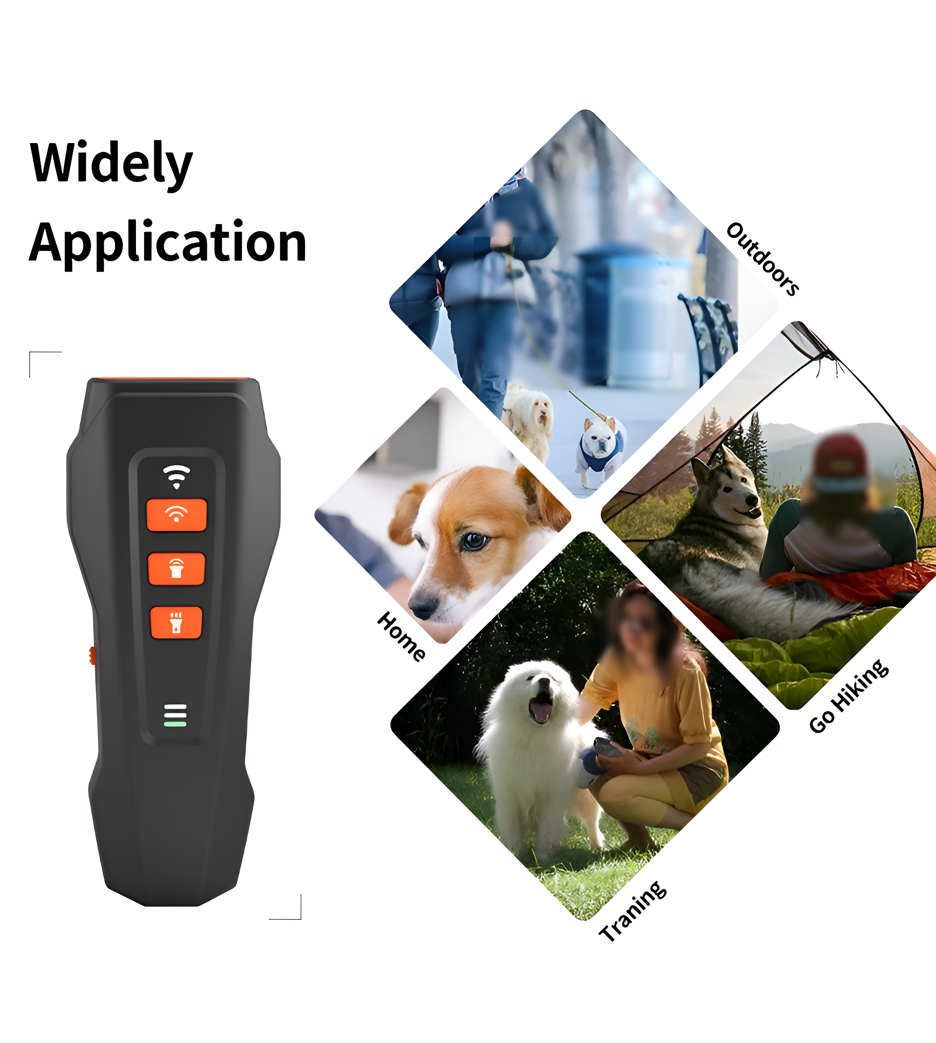 Ein schwarzes Gerät mit orangefarbenen Knöpfen und Bildern von Hunden, zur Ausbildung. Mit Hunden gezeigt.