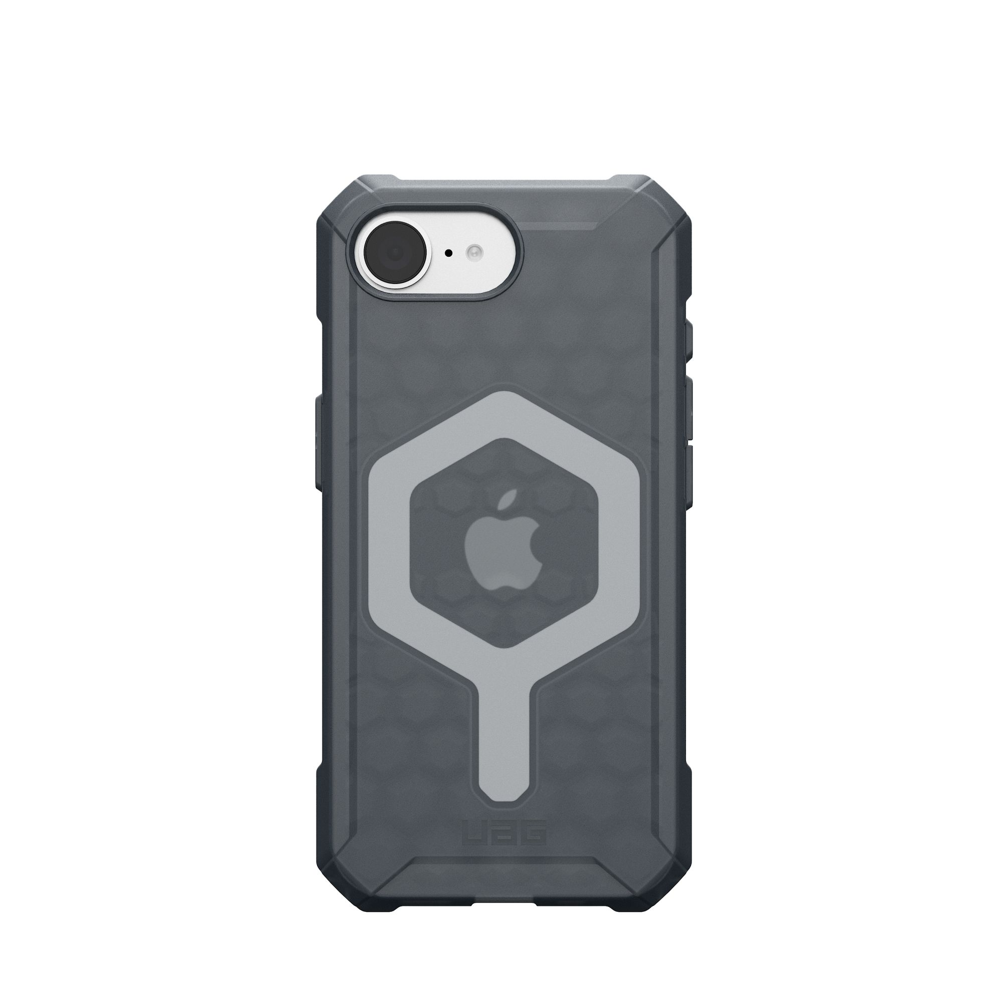 Szare etui na telefon z otworem na aparat i sześciokątnym wycięciem logo Apple.