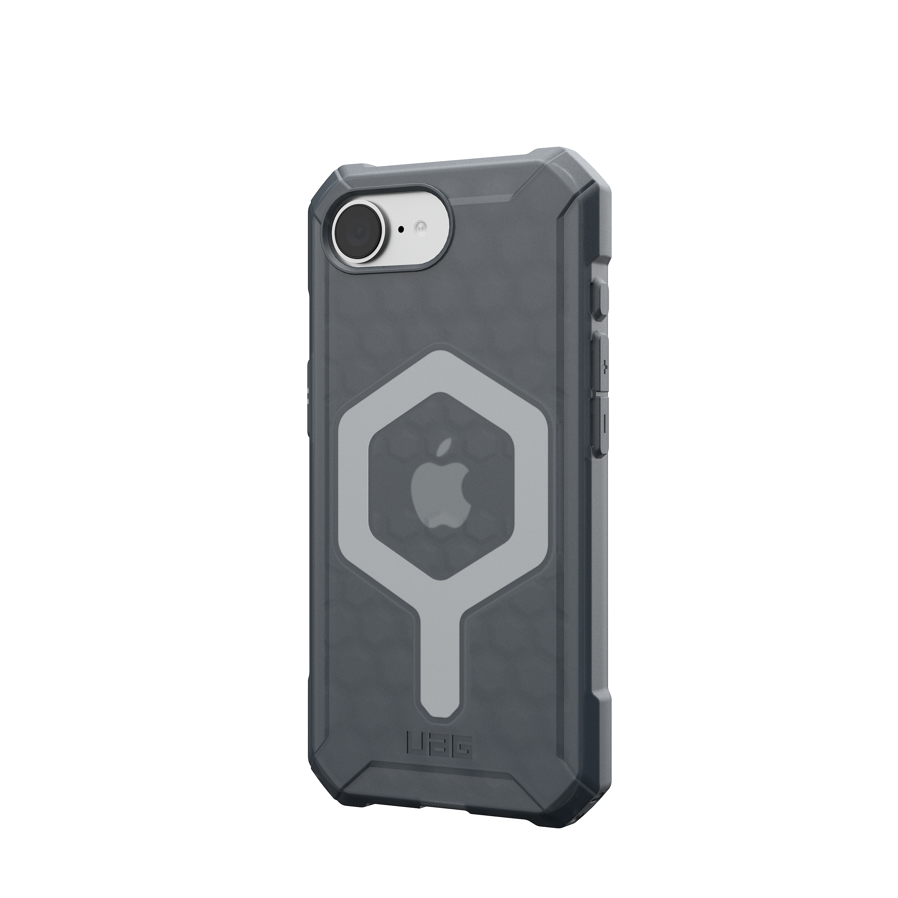 Czarne etui na telefon z sześciokątnym wzorem. Logo Apple jest widoczne w etui.