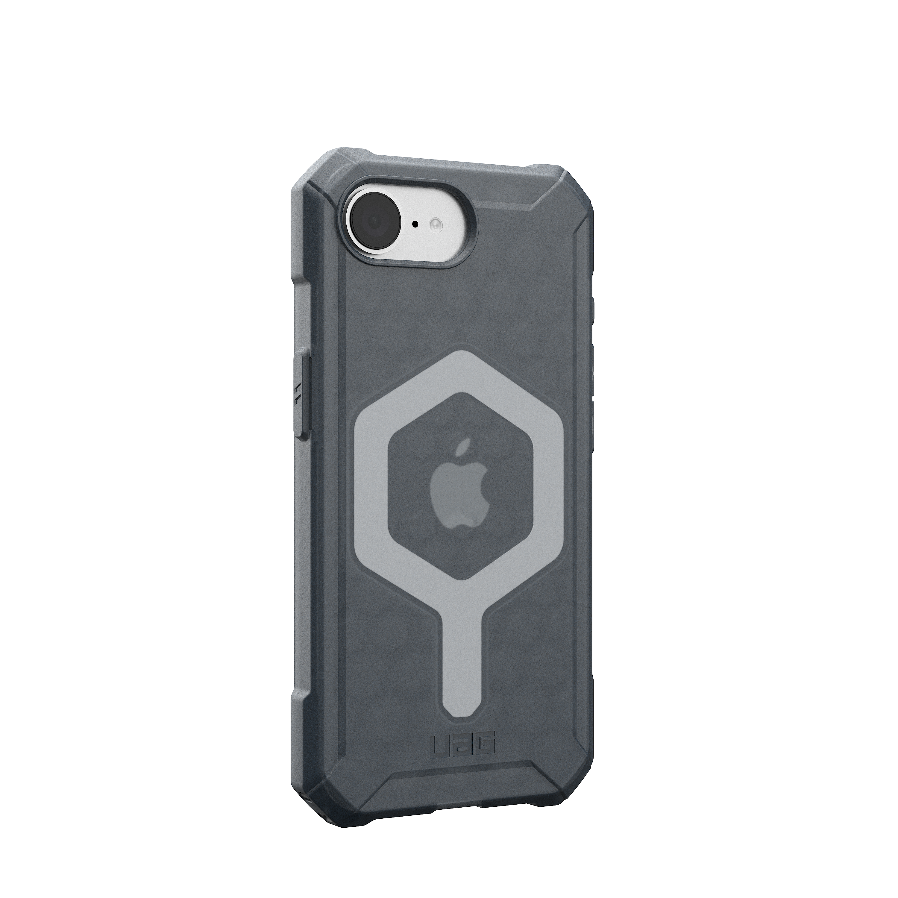 Szare etui na telefon z białym logo Apple z tyłu, na czarnym tle.