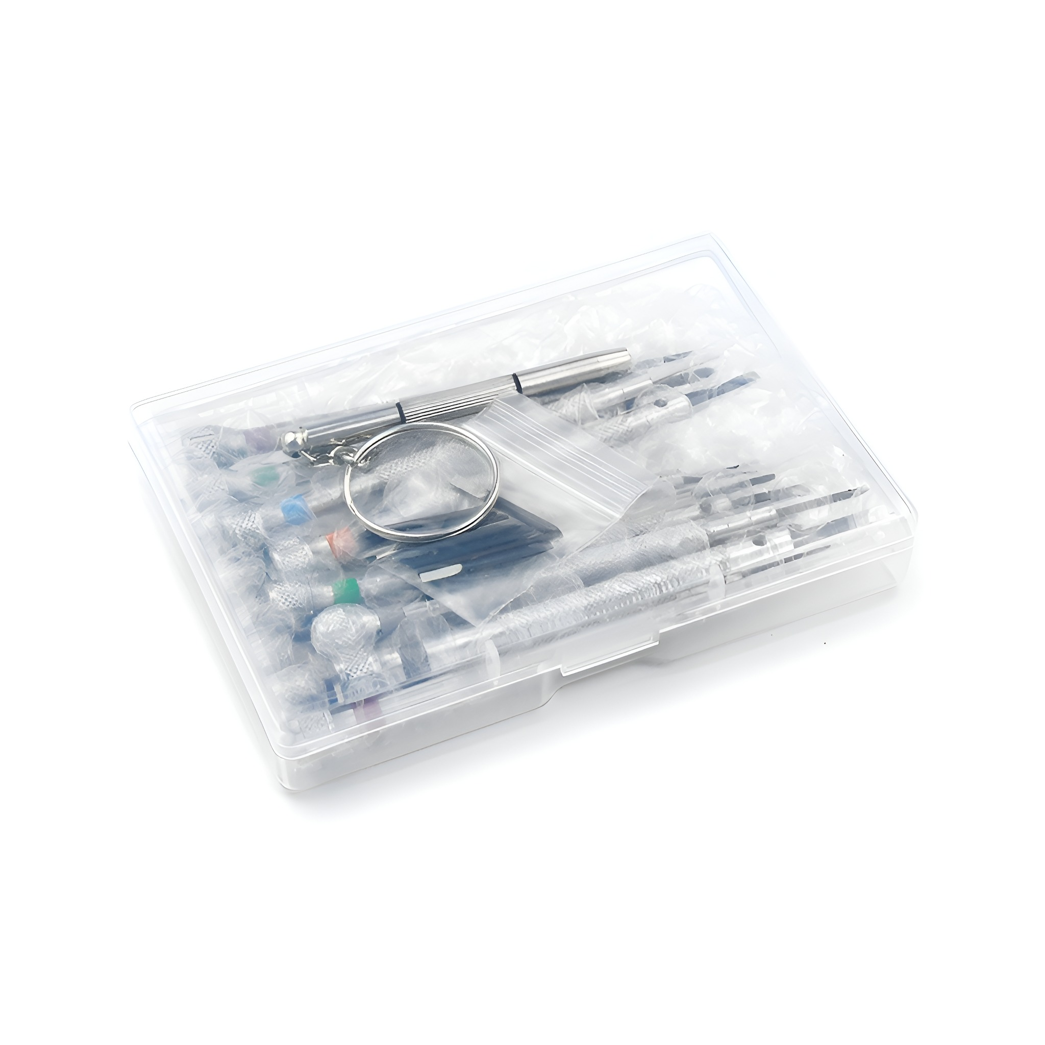 Transparente Box mit kleinen Werkzeugen. Enthält Schraubendreher und einen Metallring.