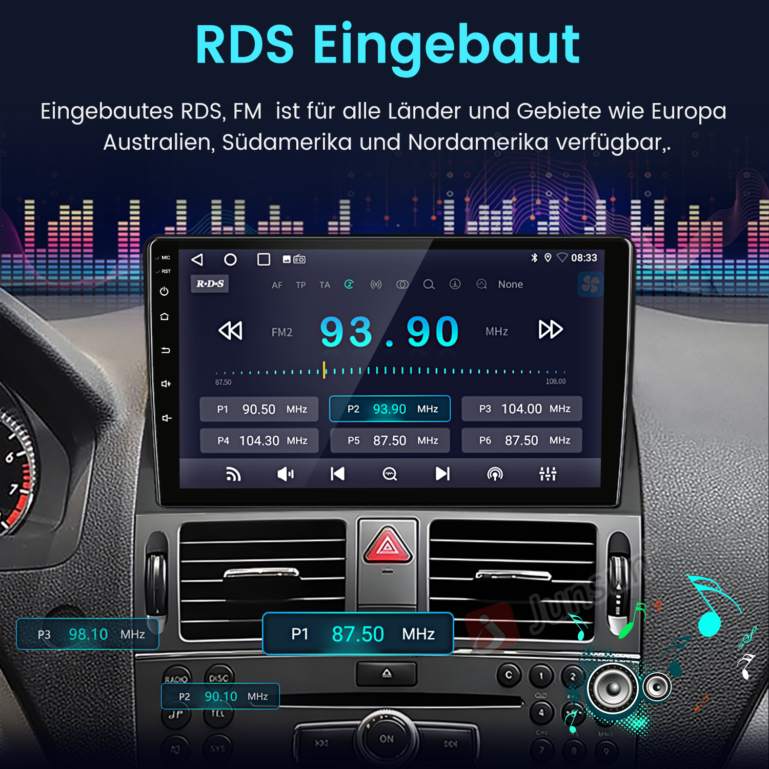 Autoradio mit RDS-Funktionen. Der Bildschirm zeigt Radioinformationen an. Tasten und Bedienelemente sind sichtbar.