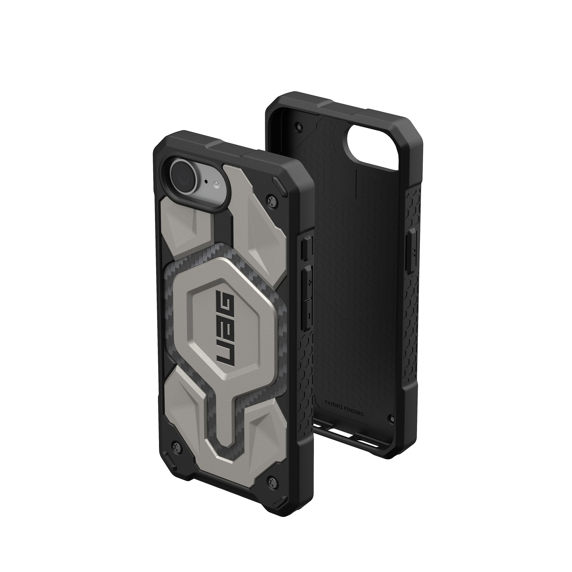 Coque de téléphone noire et grise. Design robuste, ouverte pour montrer l'intérieur du téléphone.