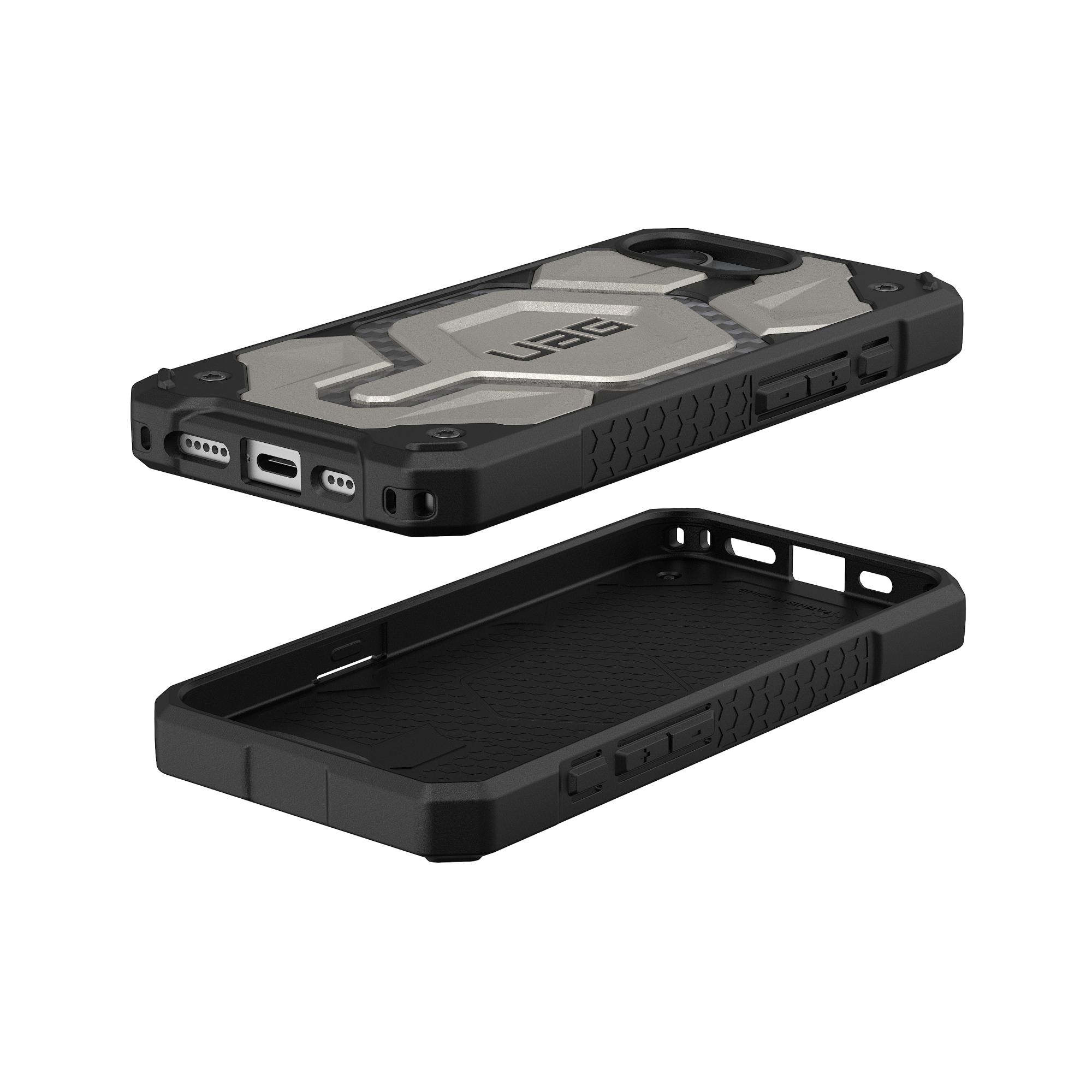 Coque de téléphone noire et argentée, avec un design protecteur. Deux parties sont montrées, séparées.