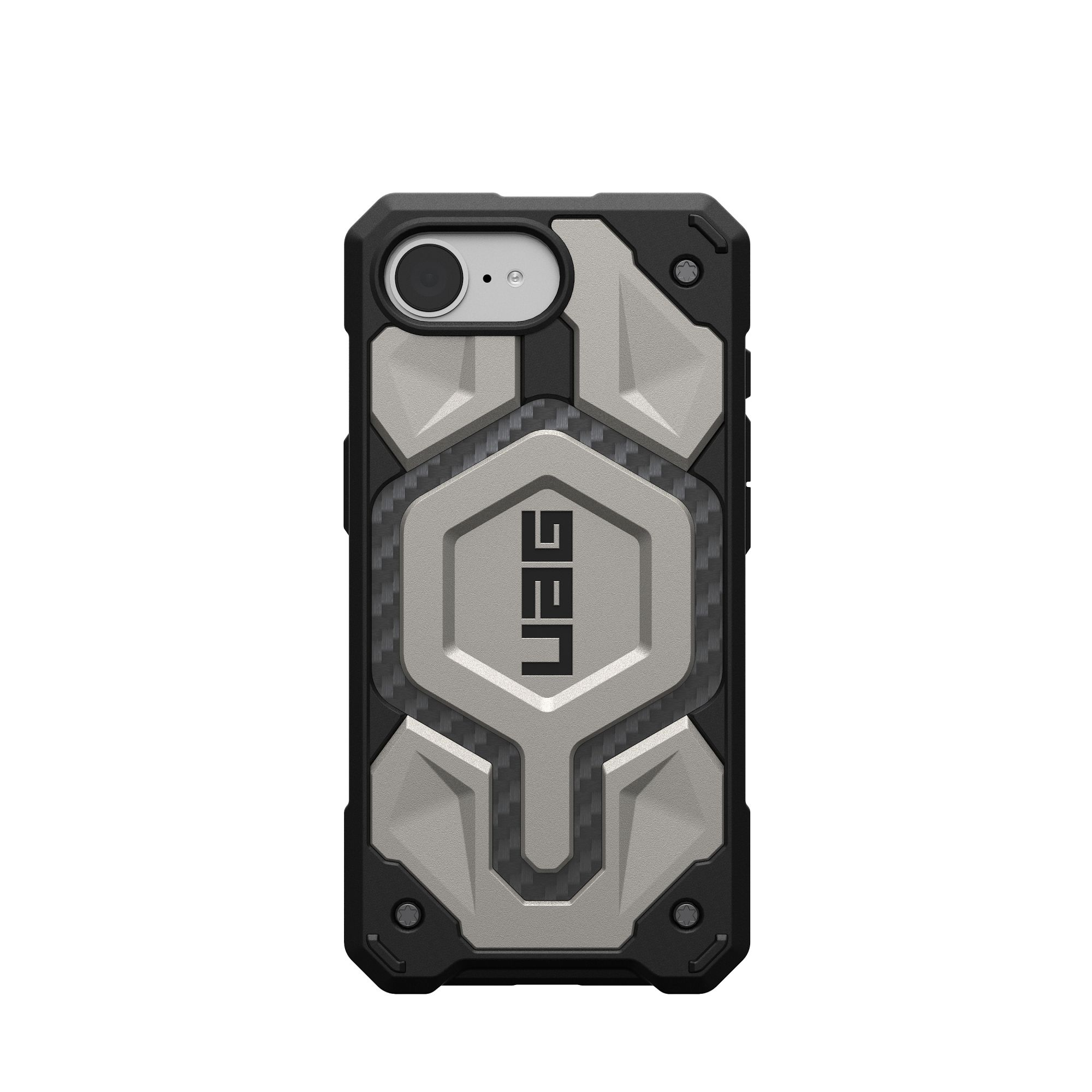 Coque de téléphone noire et grise avec le logo UAG au centre.