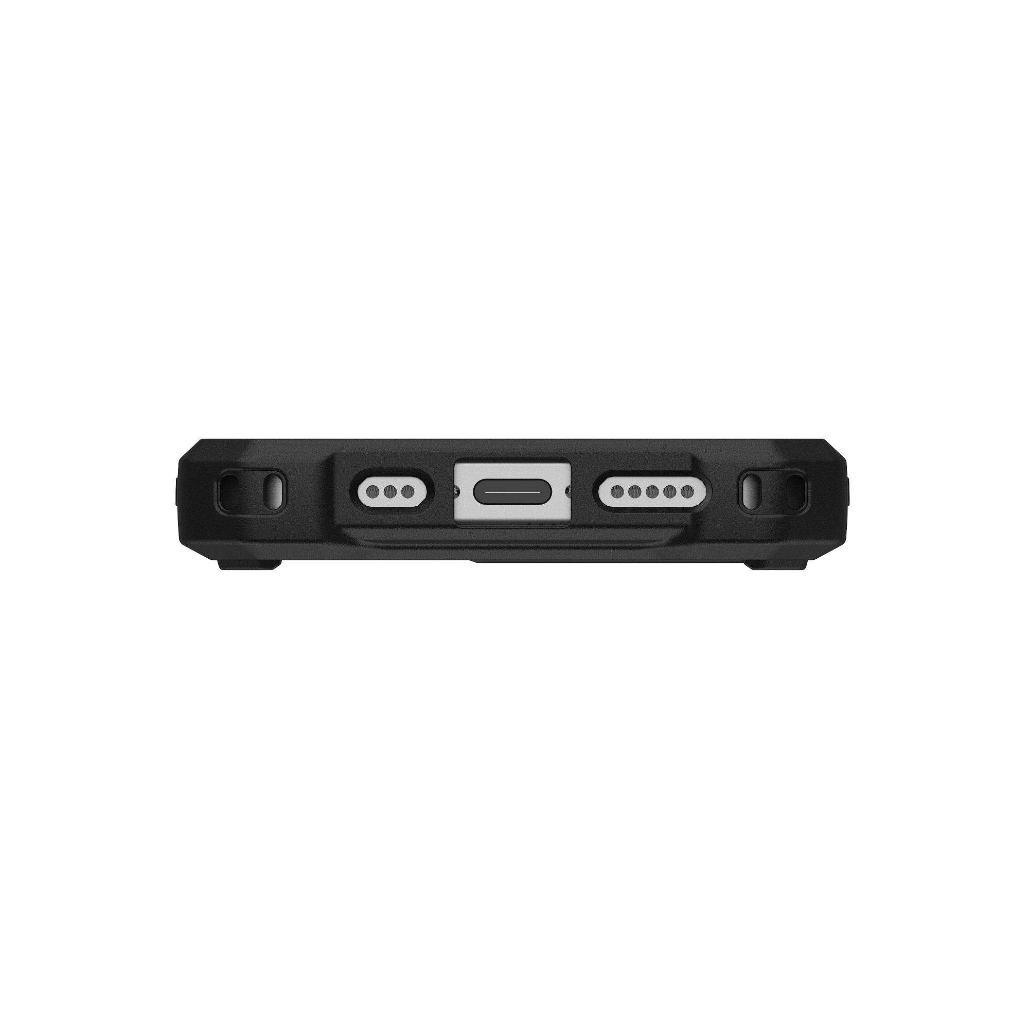 Gros plan du bas d'une coque de téléphone noire avec des trous de charge et de port.