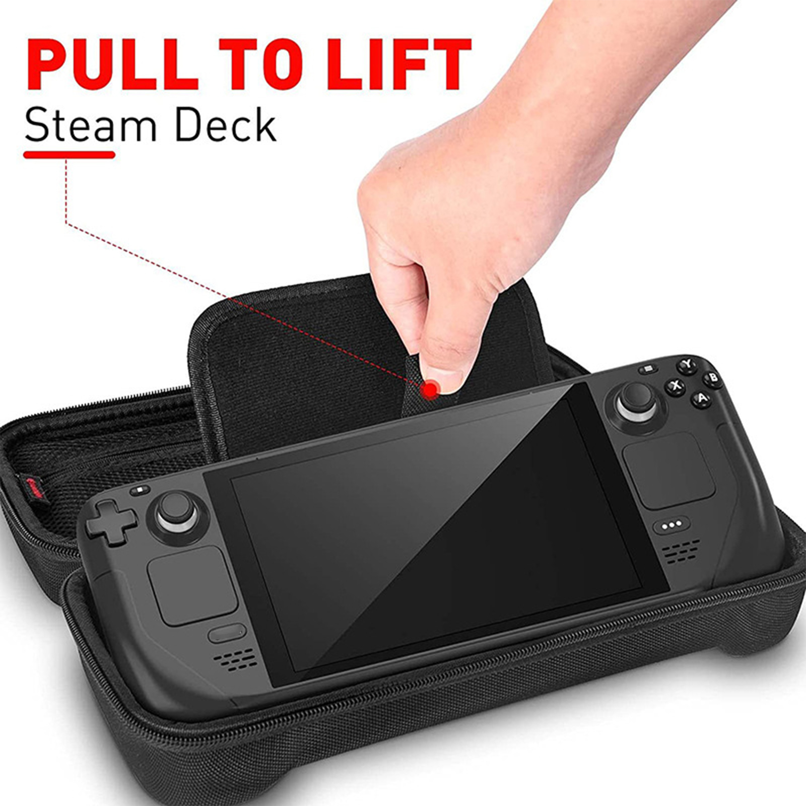 Eine schwarze Steam Deck Konsole in ihrem Gehäuse. Eine Hand zieht die Konsole aus dem Gehäuse.