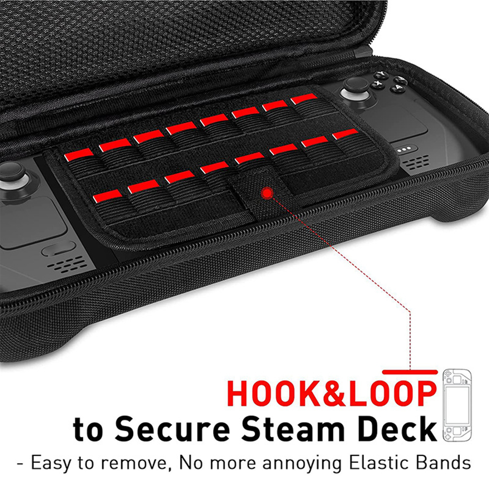 Schwarze Steam Deck-Tragetasche mit roten Gummibändern.