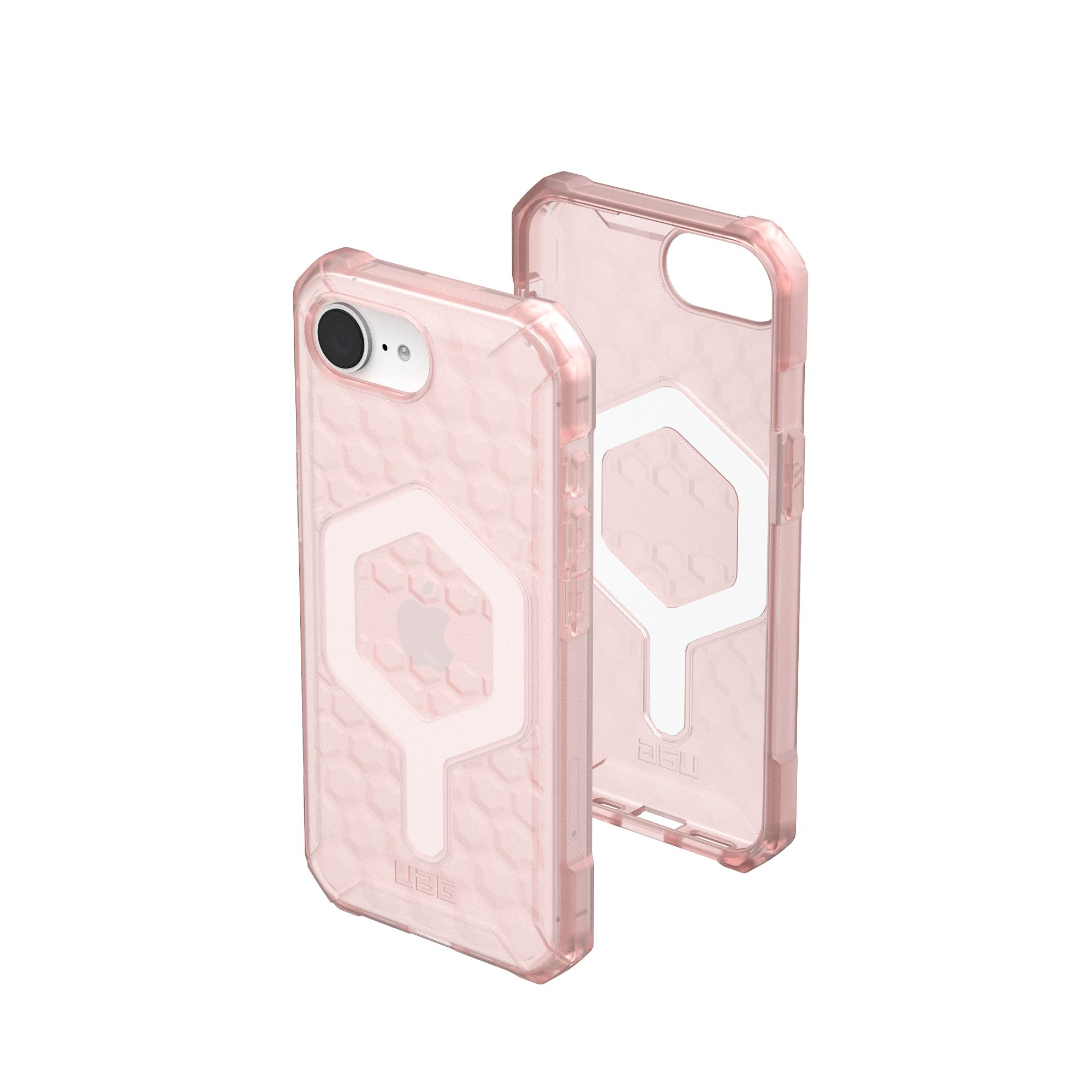Dwa różowe etui na iPhone'a, jedno z tyłu, drugie z przodu, na białym tle.