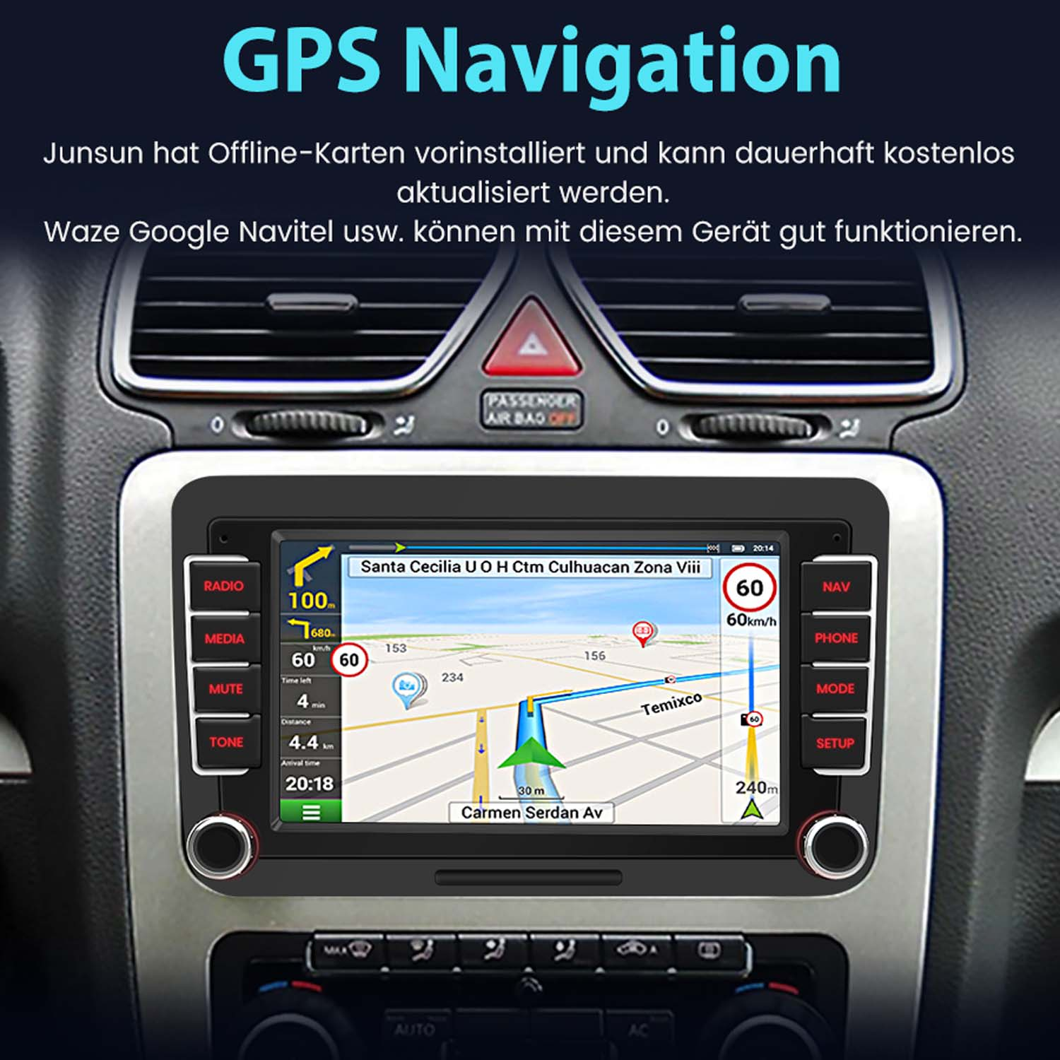 Deska rozdzielcza samochodu z ekranem nawigacji wyświetlającym mapę i informacje GPS.