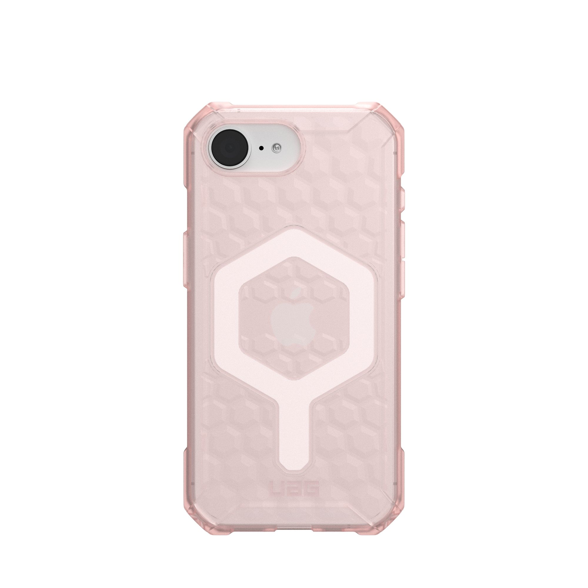 Różowe etui na telefon z wzorem plastra miodu i logo UAG. Białe tło.