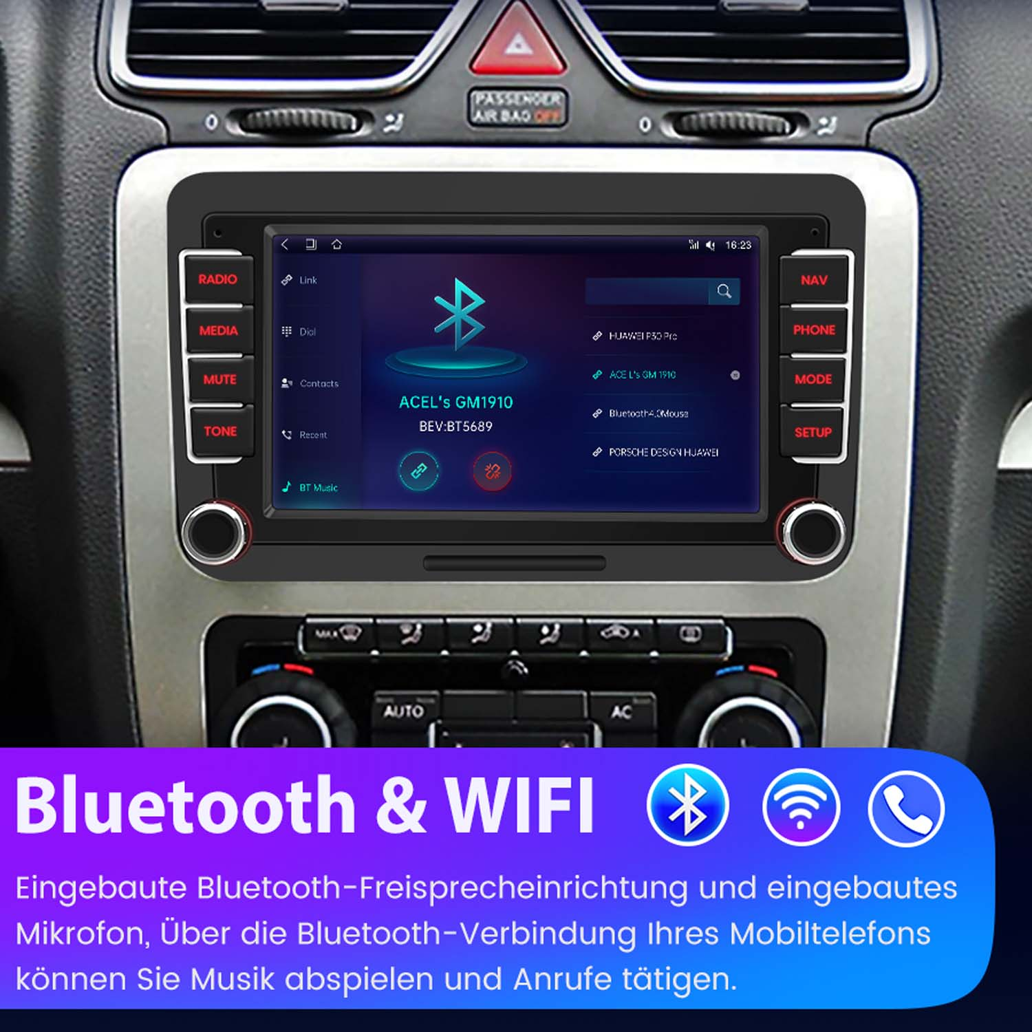 Ekran samochodowego systemu multimedialnego z opcjami Bluetooth i Wi-Fi oraz wnętrze samochodu.