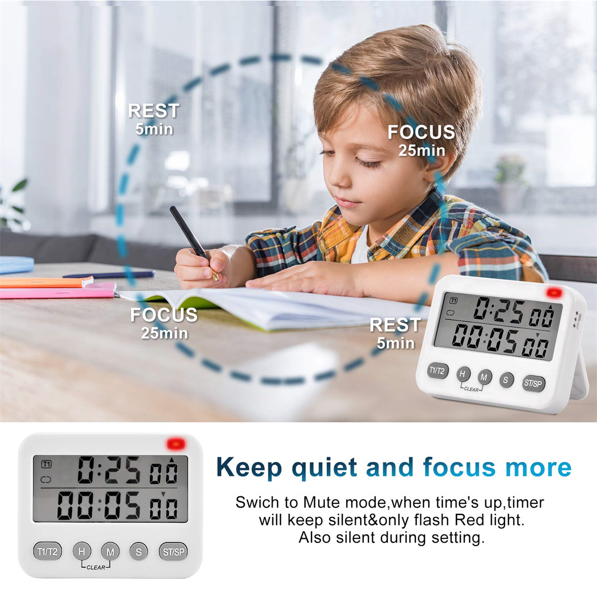 Ein Kind benutzt einen Timer. Der Timer zeigt 25 Minuten Fokus und 5 Minuten Ruhe an. Zwei weitere Timer werden gezeigt.