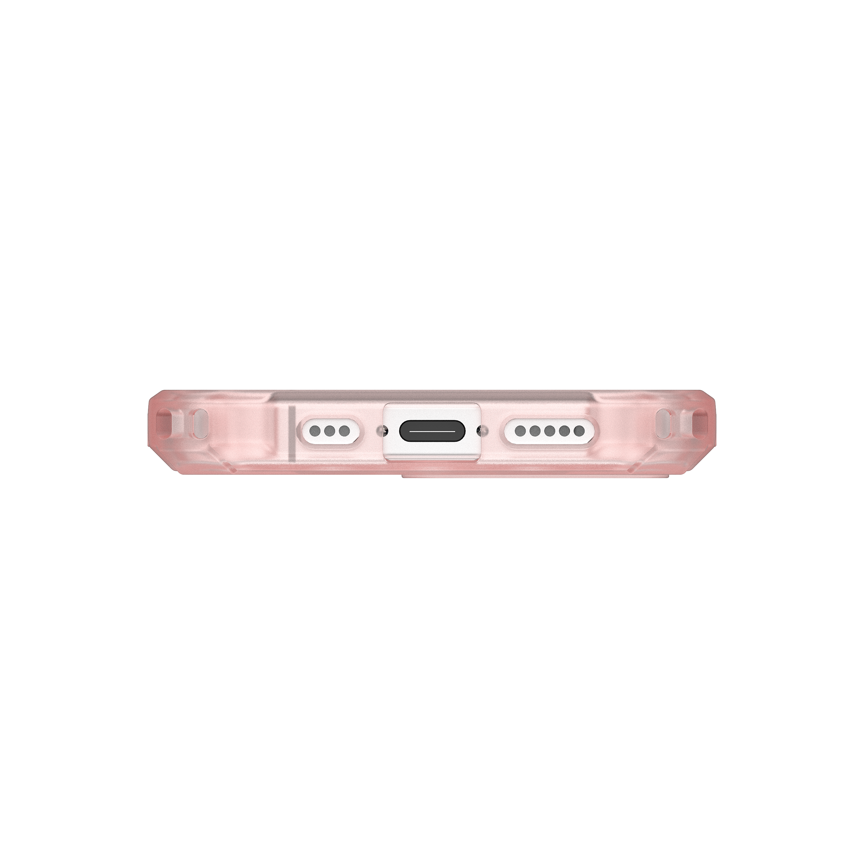 Zbliżenie na spód etui na telefon. Ma port ładowania i otwory głośnikowe na czarnym tle.