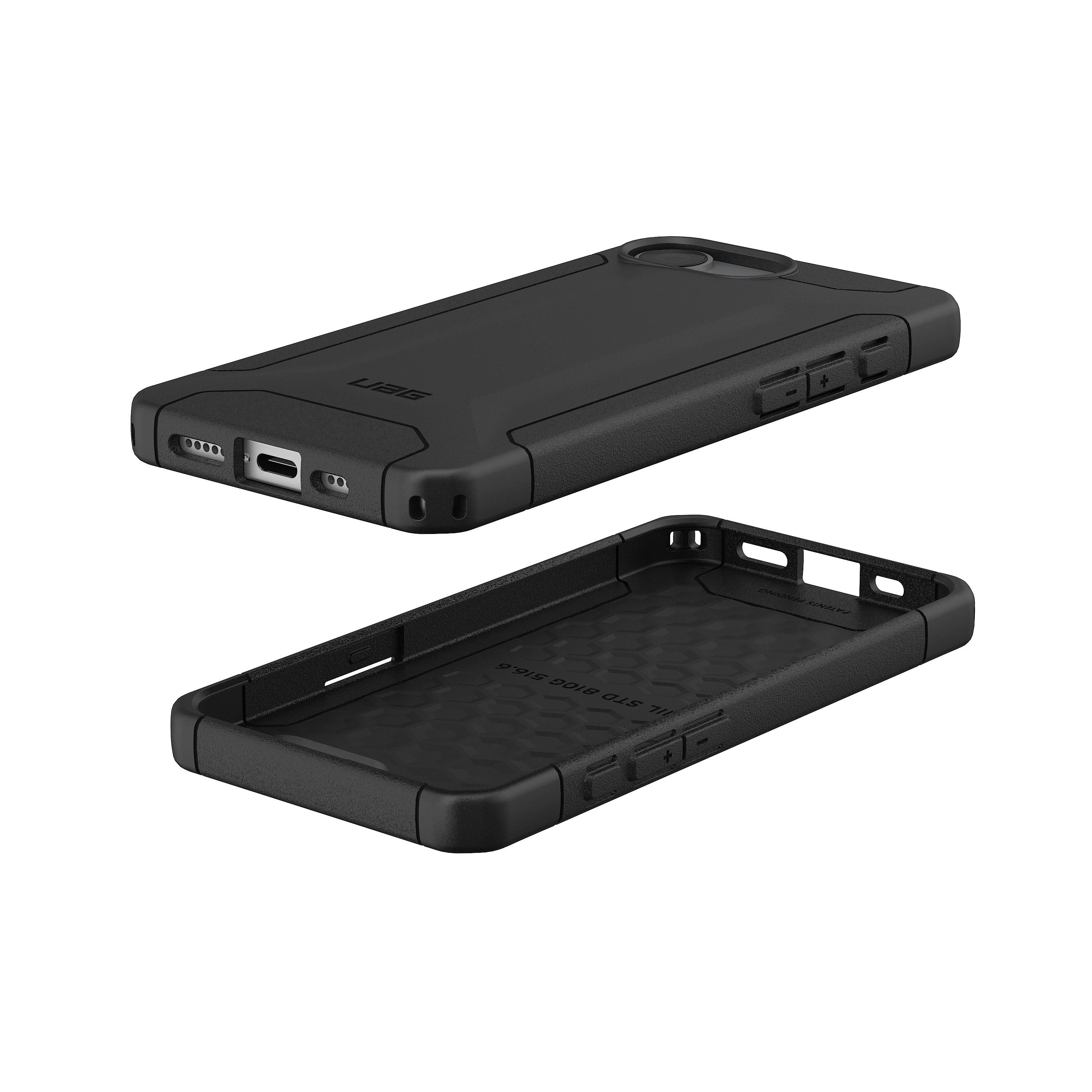 Deux étuis de téléphone noirs, un ouvert, montrant l'intérieur. Le supérieur est assemblé.