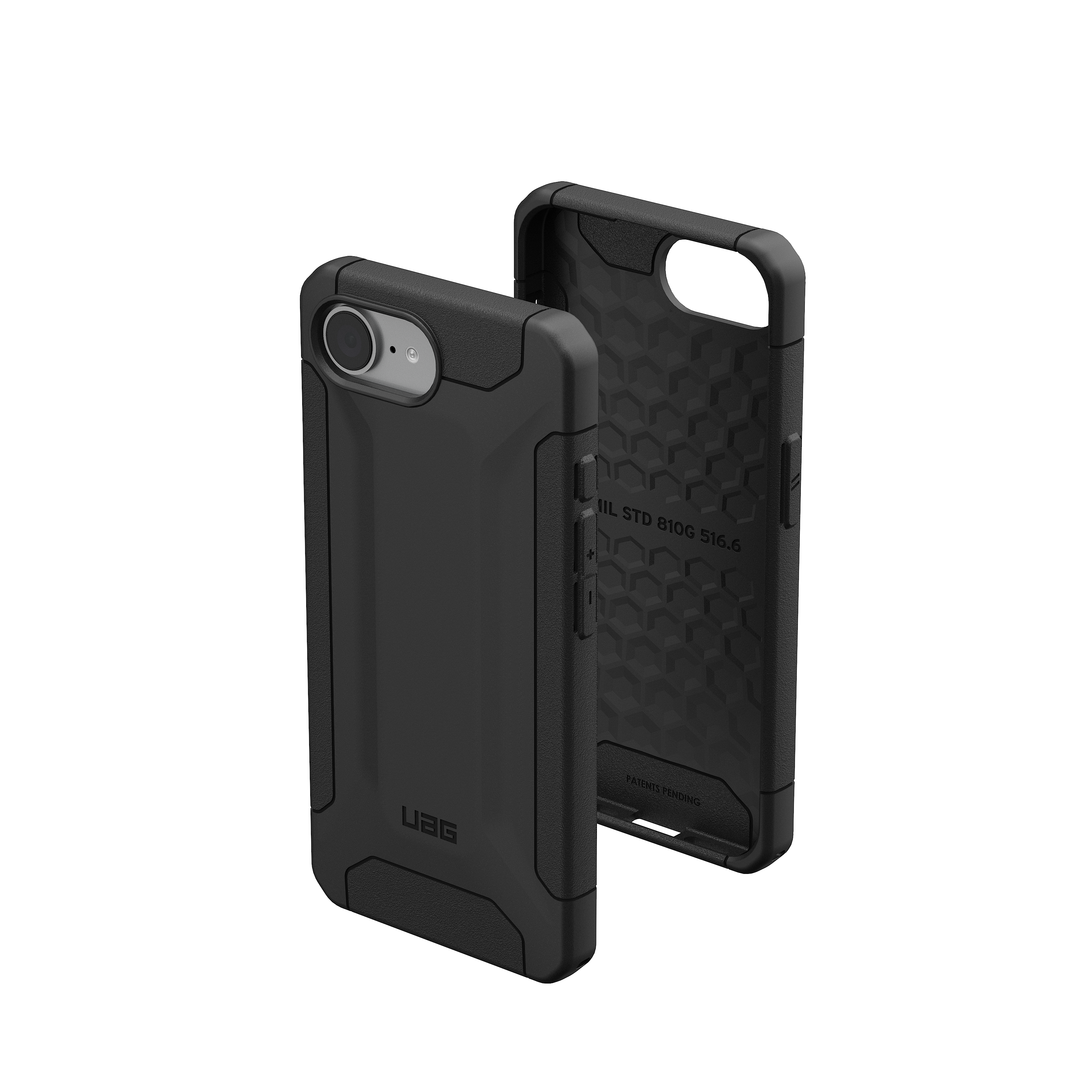 Coque de téléphone noire avec logo UAG, en angle, sur fond noir. Une coque est ouverte.