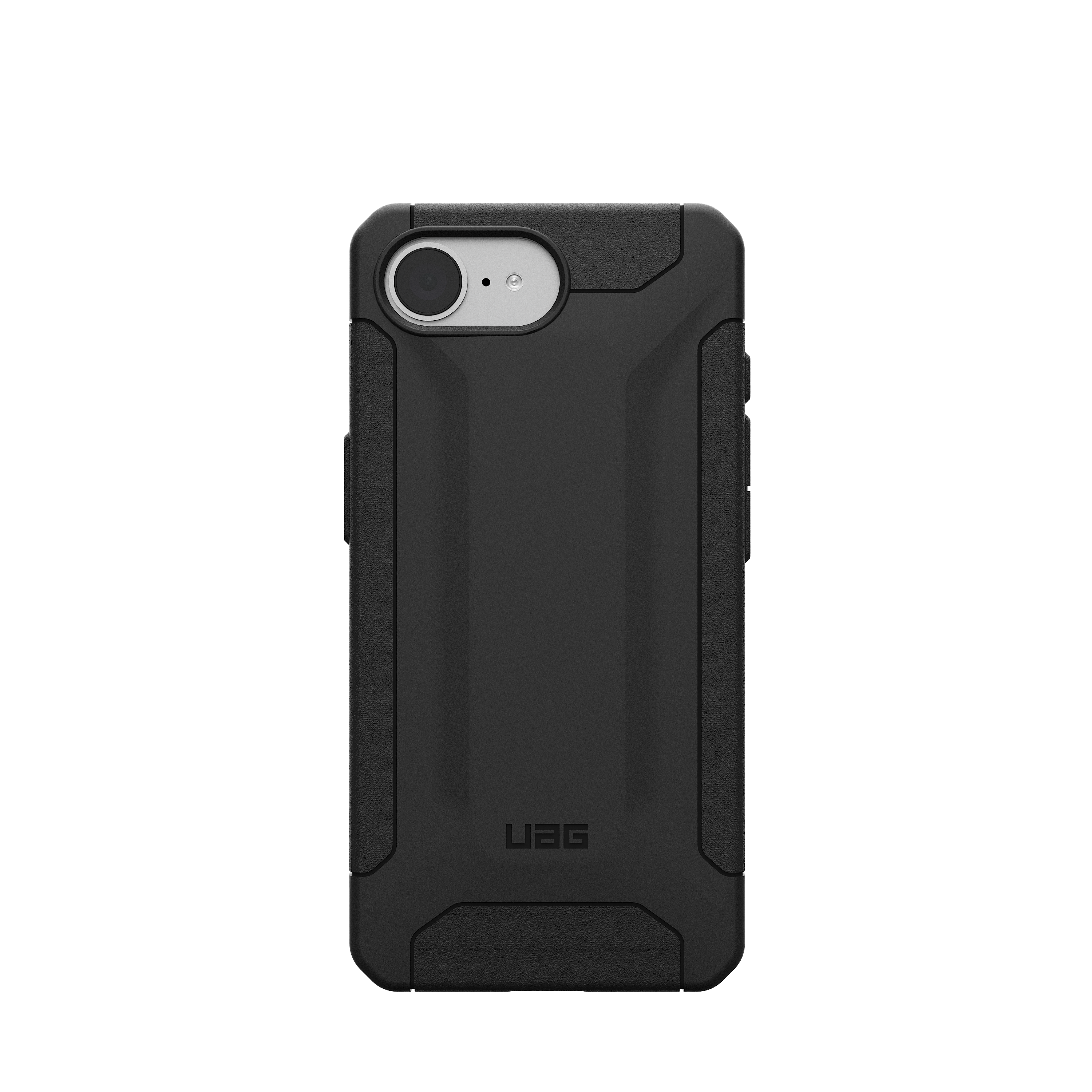 Coque de téléphone noire avec découpe pour l'appareil photo et design texturé. L'arrière est visible.