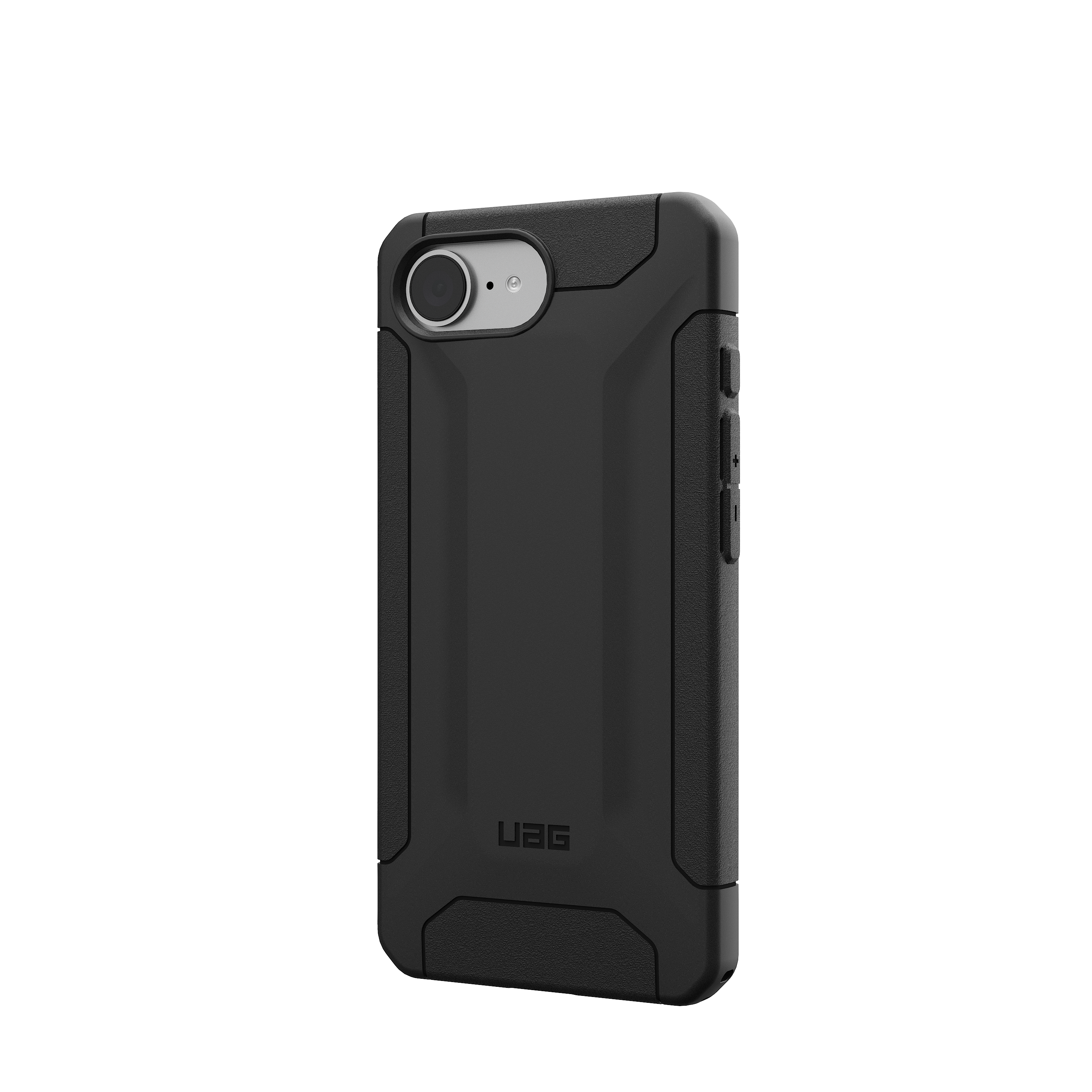 Une coque de téléphone noire avec un design robuste et une découpe pour la caméra. Le logo UAG est visible.