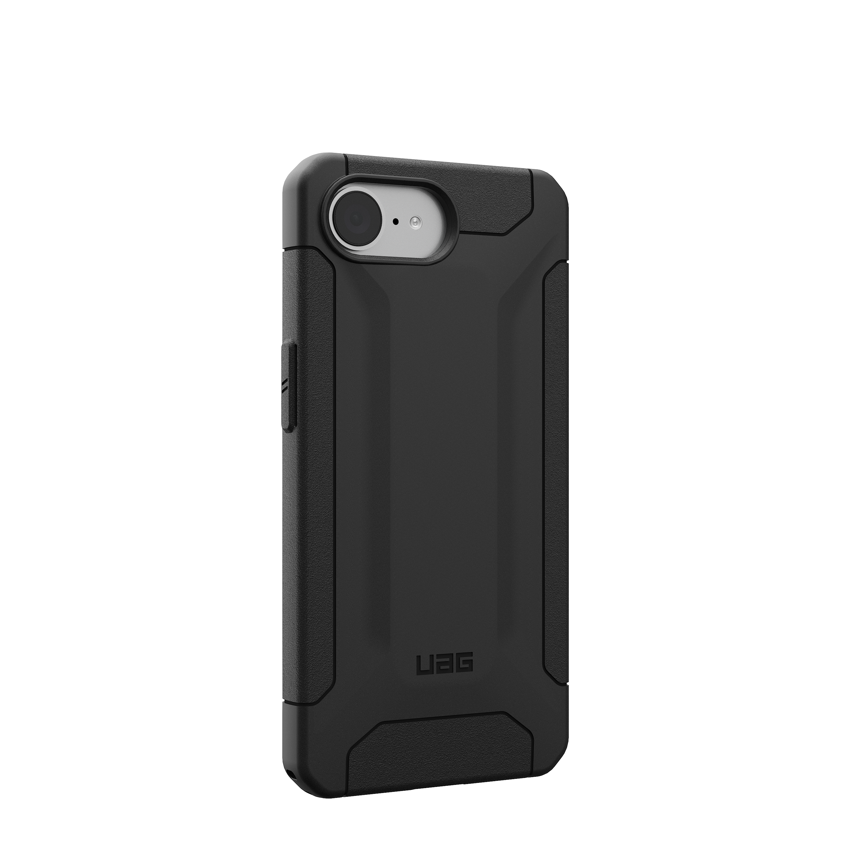 Coque de téléphone noire avec un logo UAG et une découpe pour l'appareil photo.