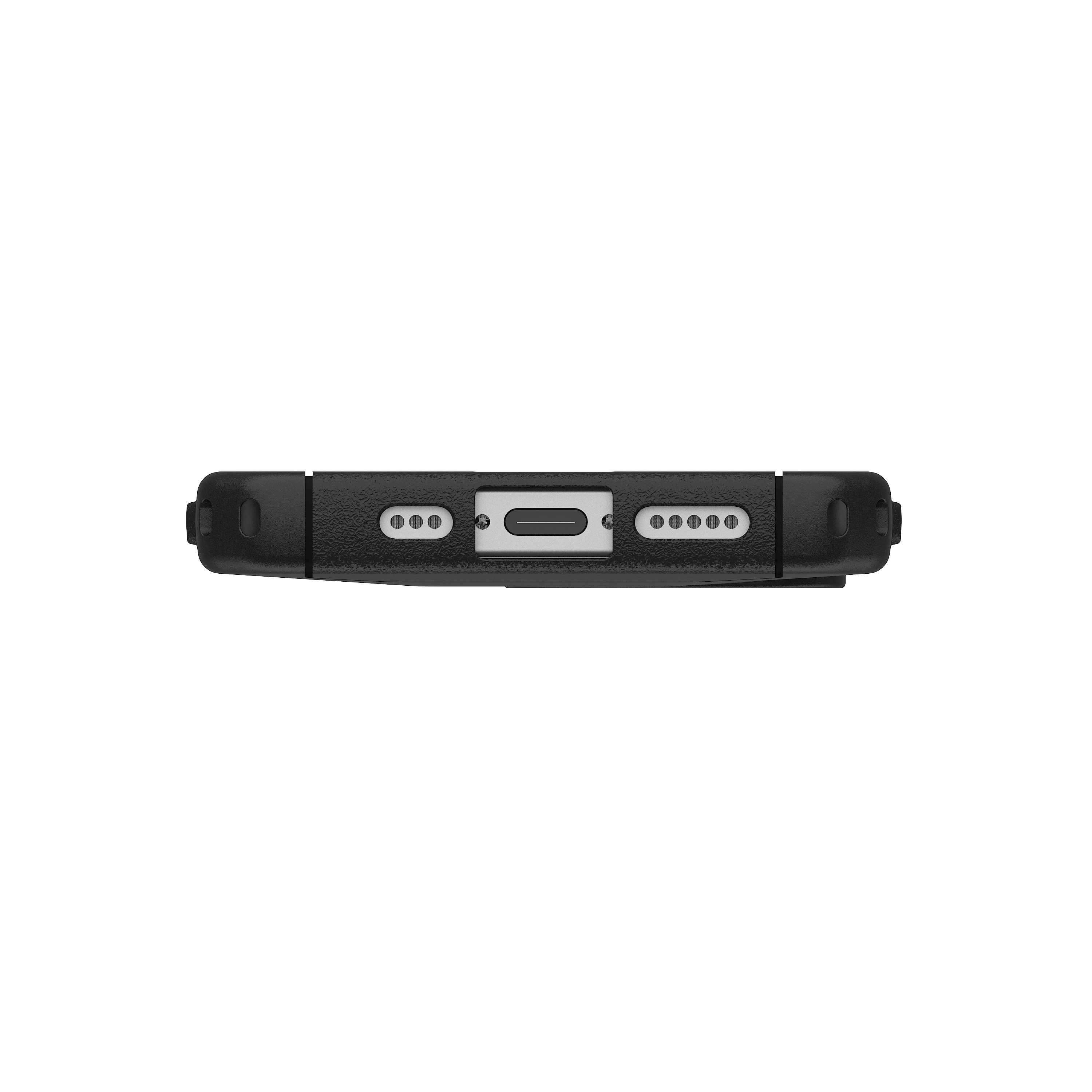 Bas d'une coque de téléphone noire montrant les ports de chargement et audio.