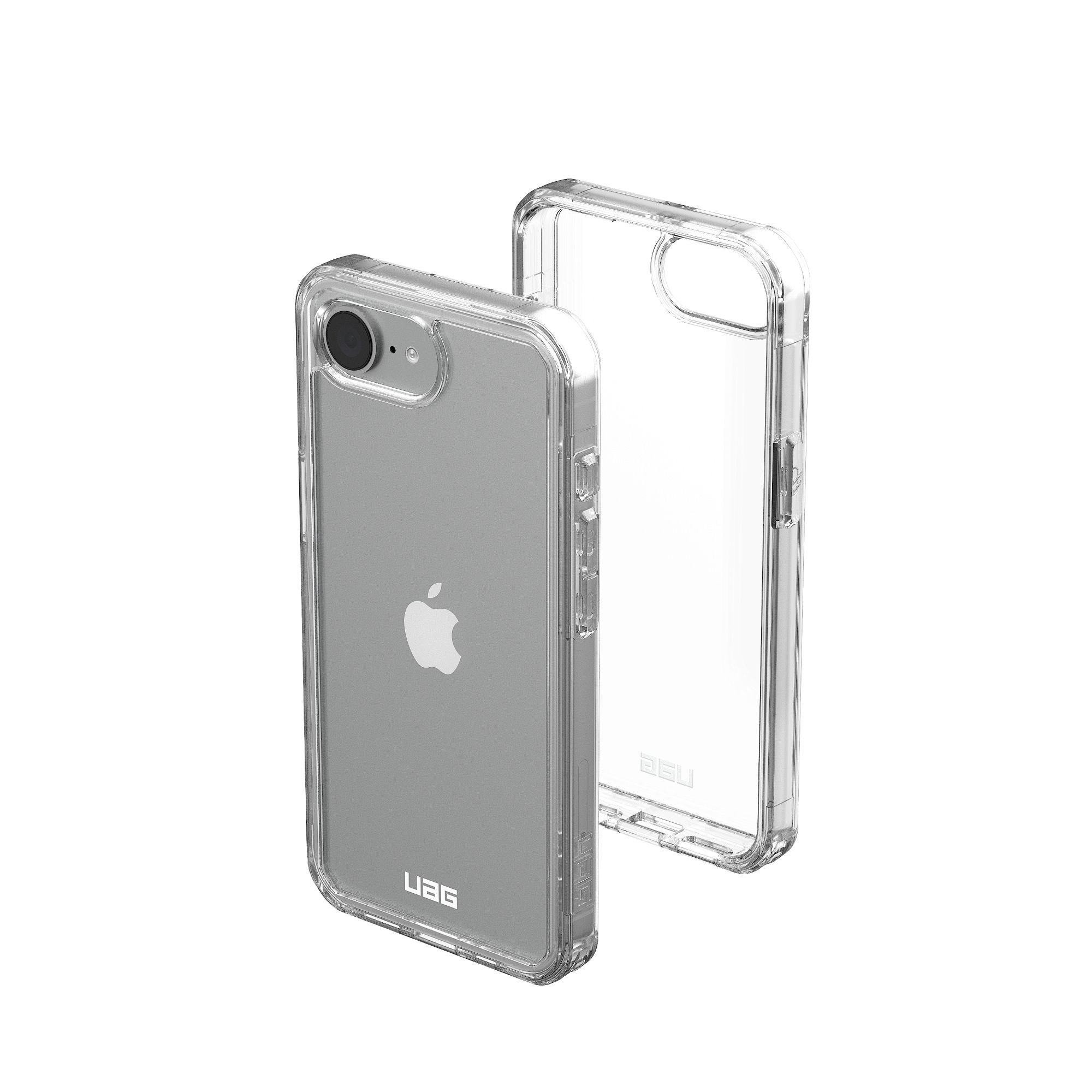Coque de téléphone transparente: Deux coques; une avec un téléphone à l'intérieur. La coque est transparente avec un fond blanc.
