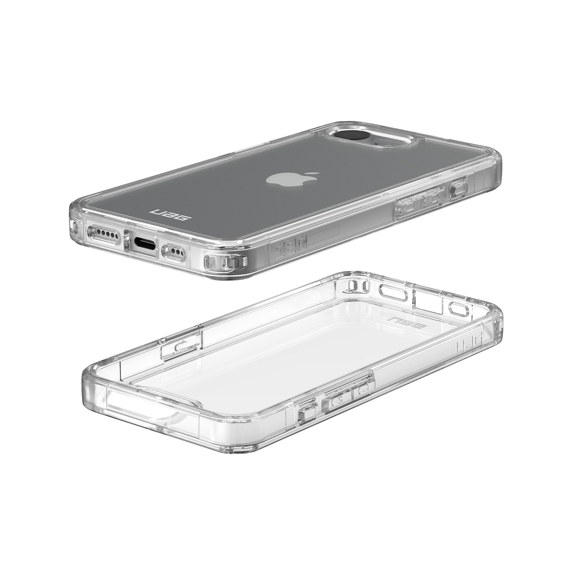 Deux coques de téléphone transparentes, une assemblée autour d'un téléphone et l'autre démontée.